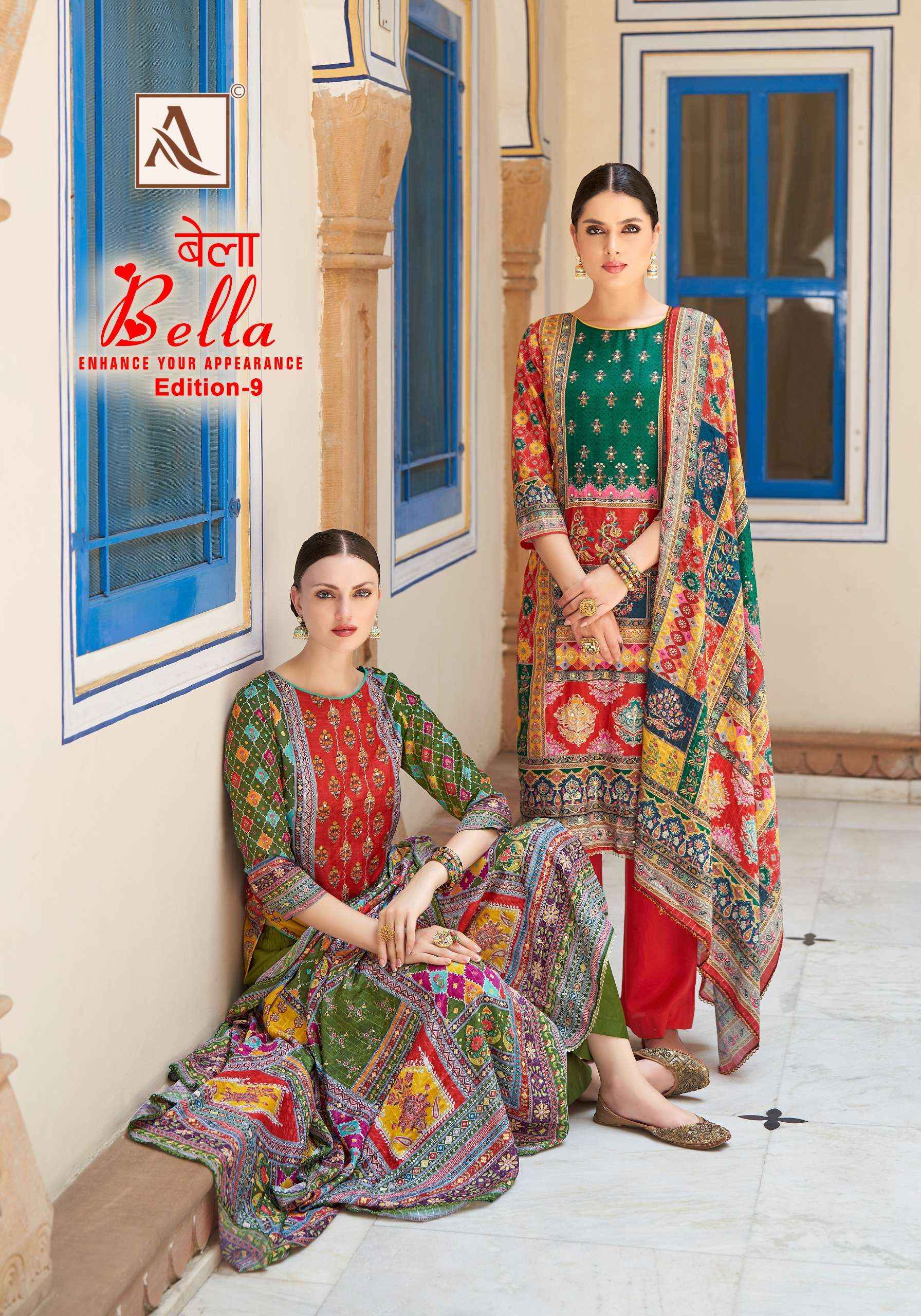 ALOK SUITS BELLA VOL 9 MUSLIN DIGITAL PRINT WTH WORK DRESS MATERIAL ( 6 PCS CATALOG )