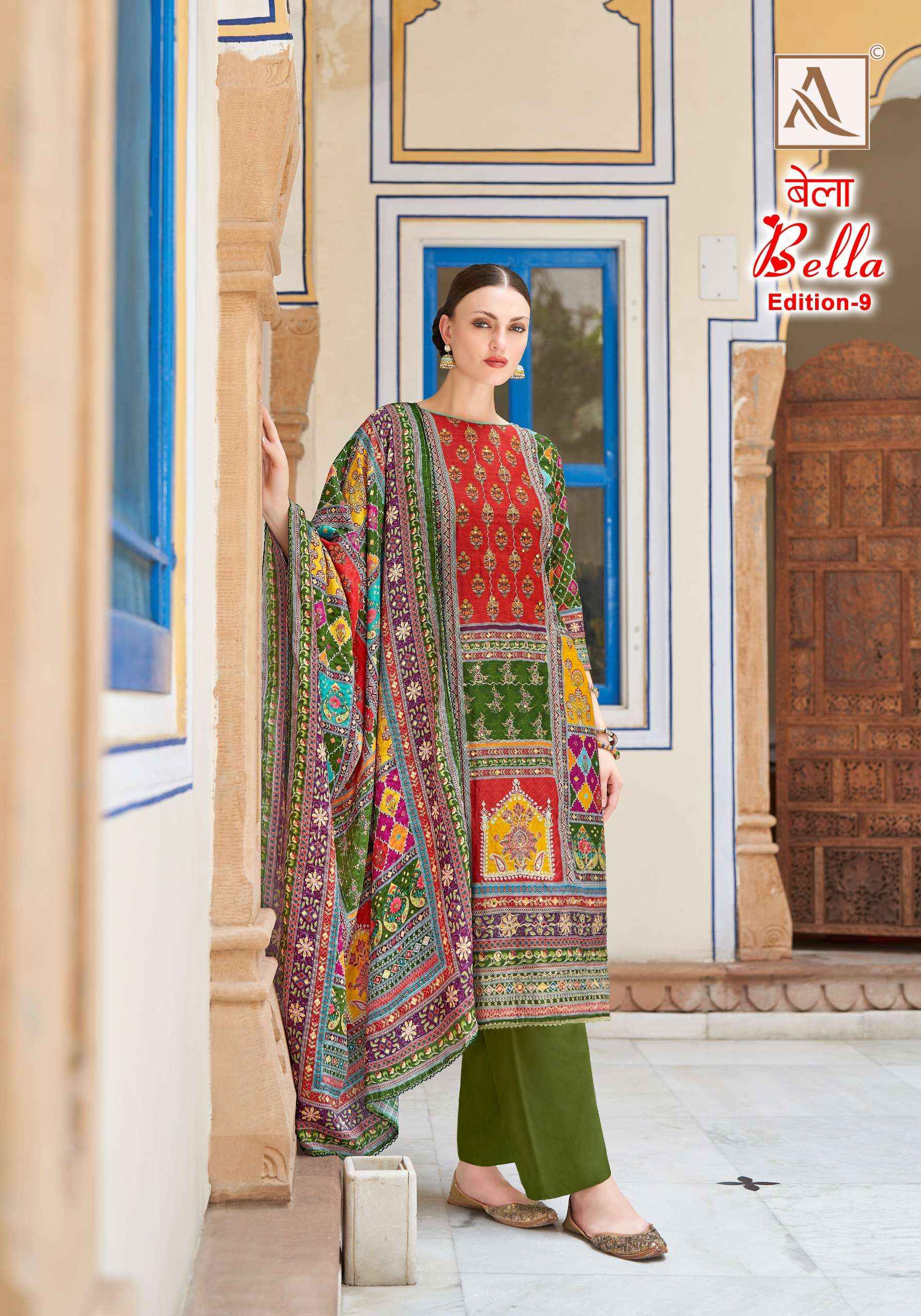 ALOK SUITS BELLA VOL 9 MUSLIN DIGITAL PRINT WTH WORK DRESS MATERIAL ( 6 PCS CATALOG )