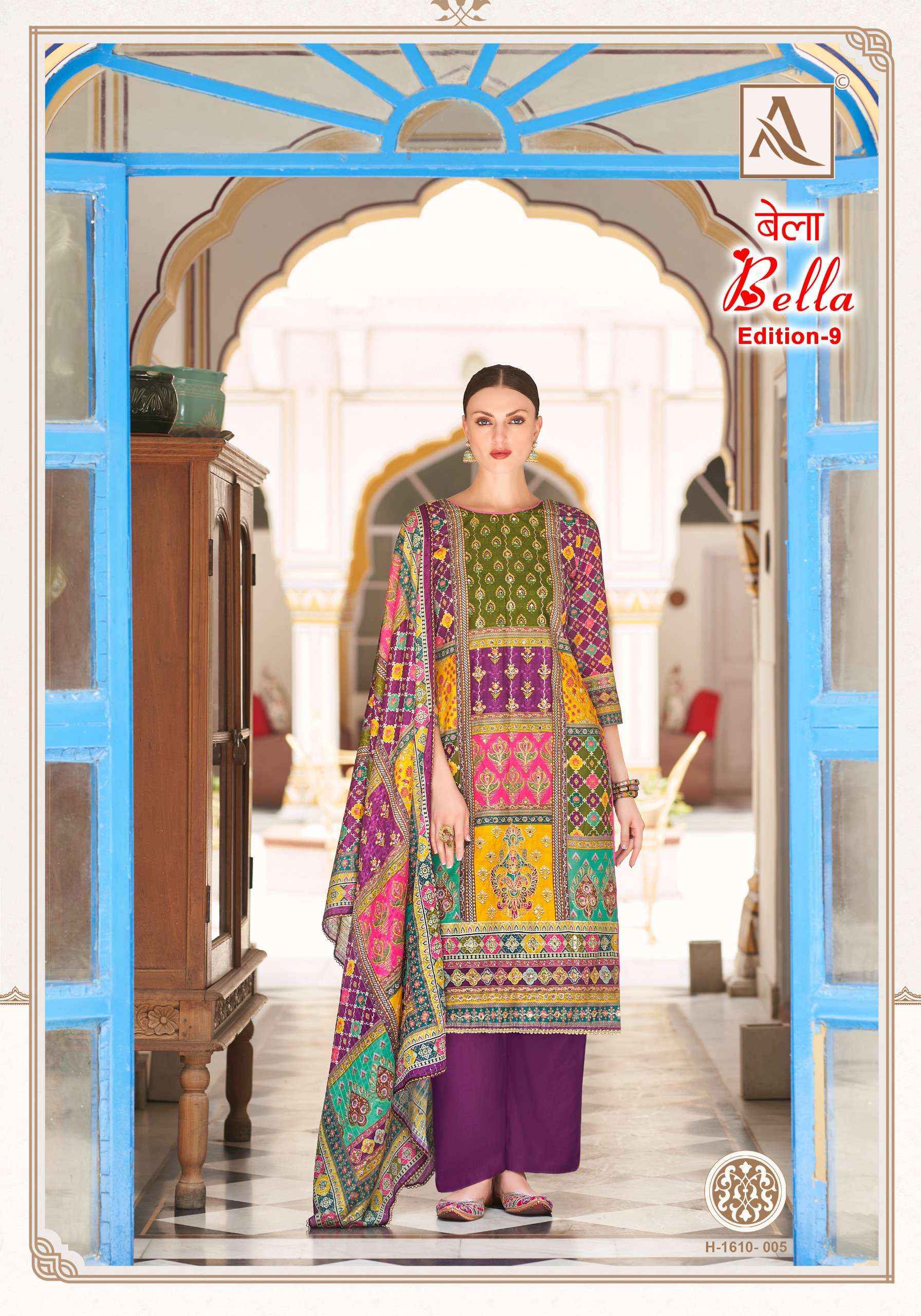 ALOK SUITS BELLA VOL 9 MUSLIN DIGITAL PRINT WTH WORK DRESS MATERIAL ( 6 PCS CATALOG )