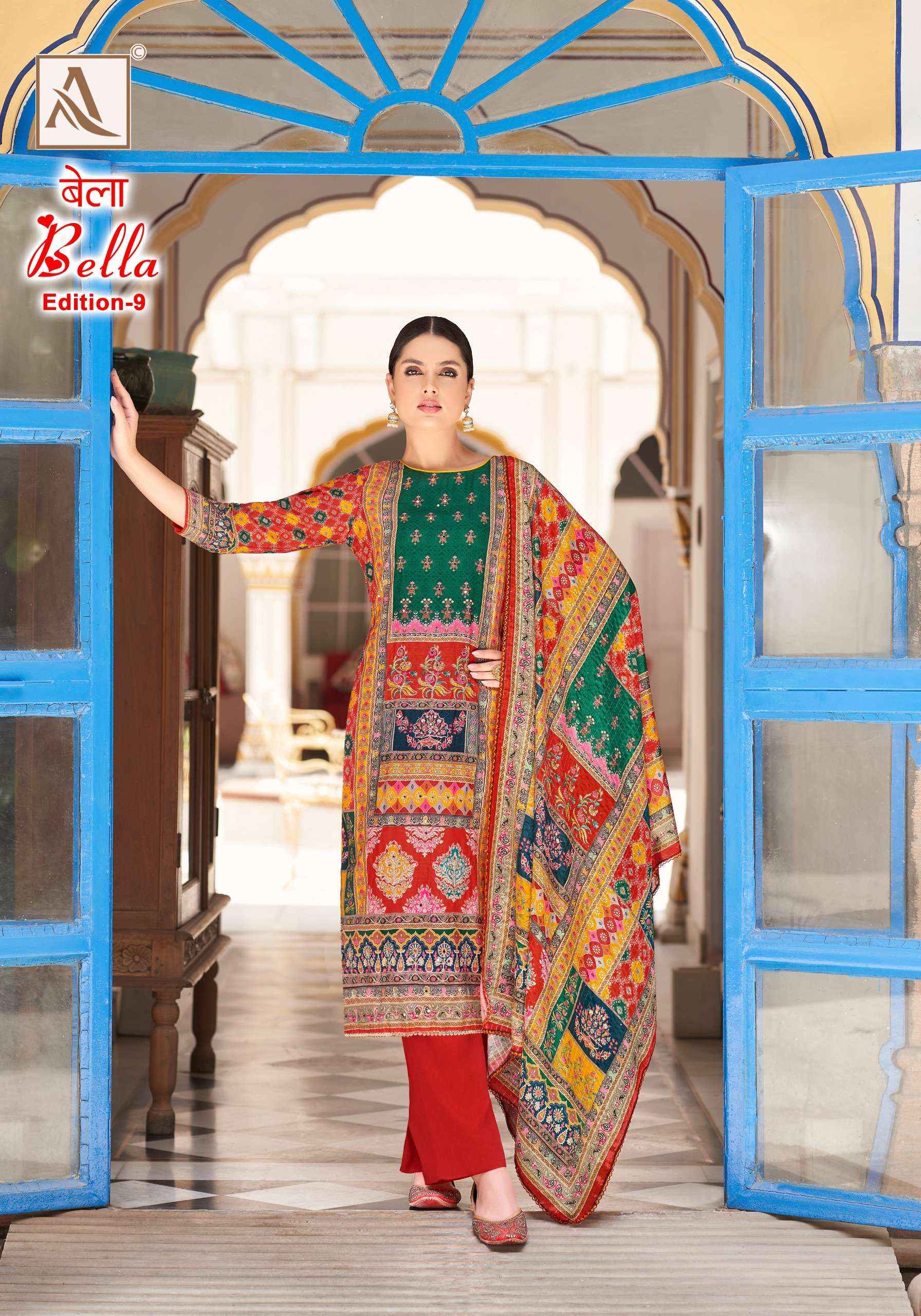 ALOK SUITS BELLA VOL 9 MUSLIN DIGITAL PRINT WTH WORK DRESS MATERIAL ( 6 PCS CATALOG )