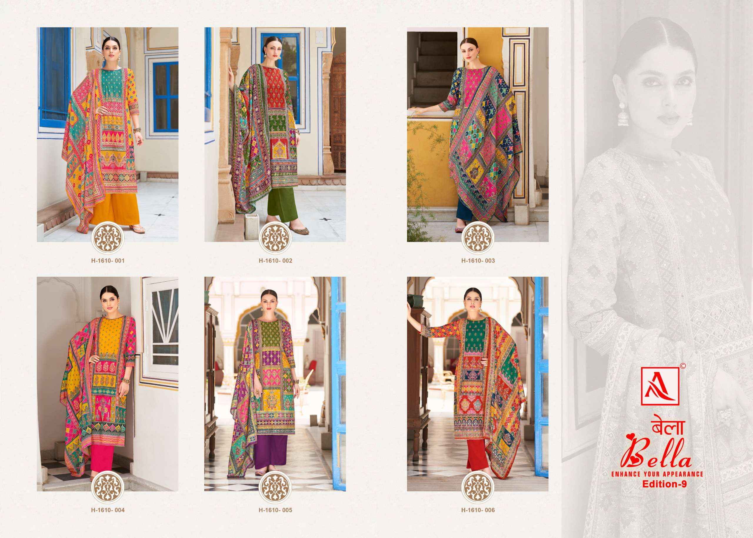 ALOK SUITS BELLA VOL 9 MUSLIN DIGITAL PRINT WTH WORK DRESS MATERIAL ( 6 PCS CATALOG )