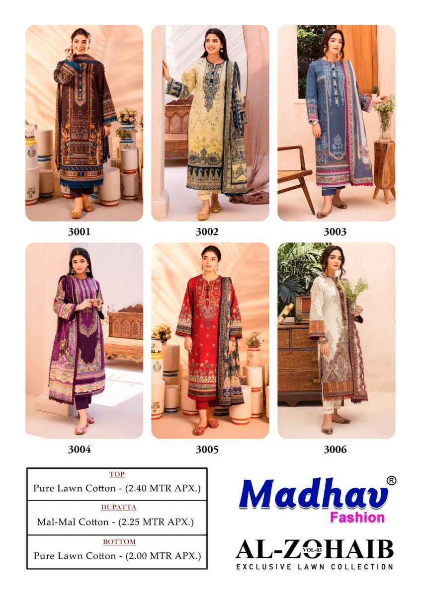 Madhav Fashion Al Zohaib Vol 3 Lawn Cotton Dress Material ( 6 pcs Catalogue )