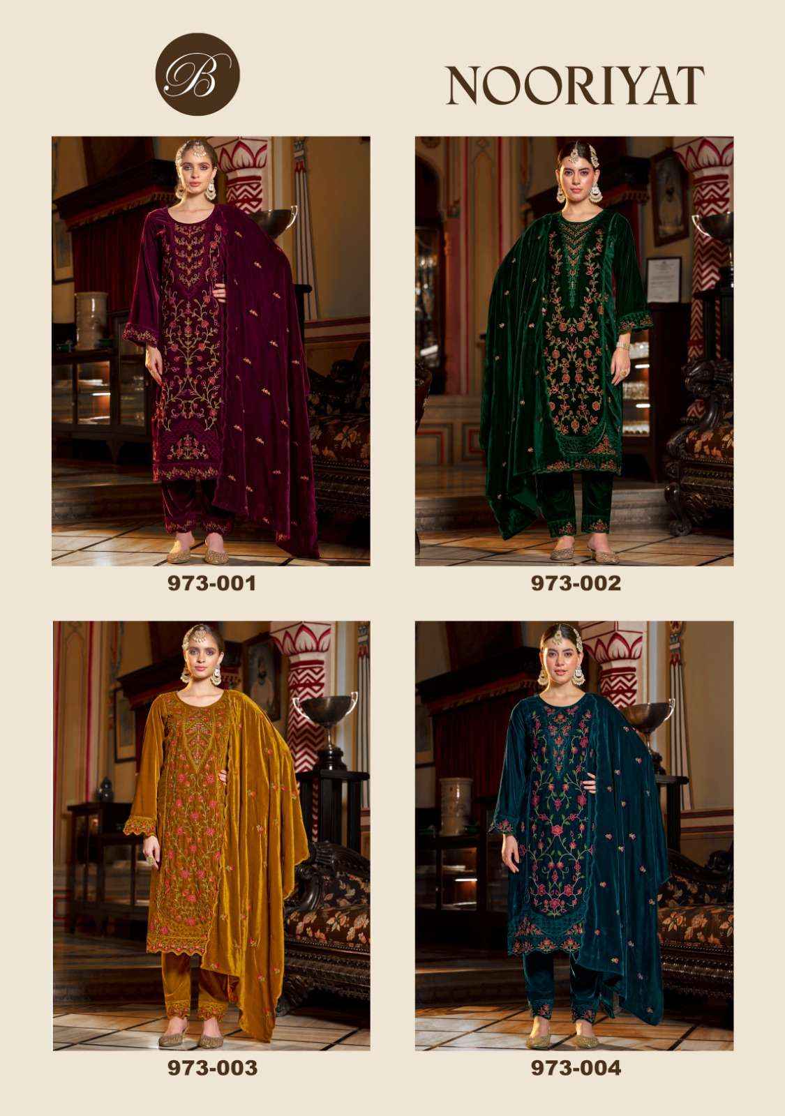 BELLIZA DESIGNER STUDIO NOORIYAT WHOLESALE LADIES VELVET DESIGNER SUIT ( 4 PCS CATALOG )