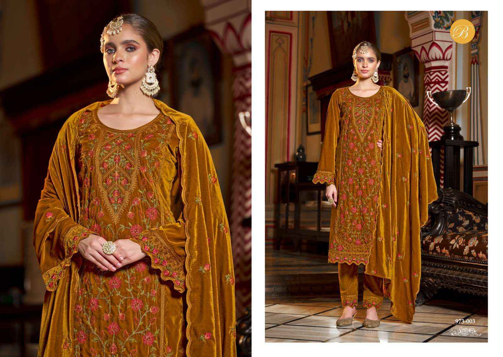 BELLIZA DESIGNER STUDIO NOORIYAT WHOLESALE LADIES VELVET DESIGNER SUIT ( 4 PCS CATALOG )