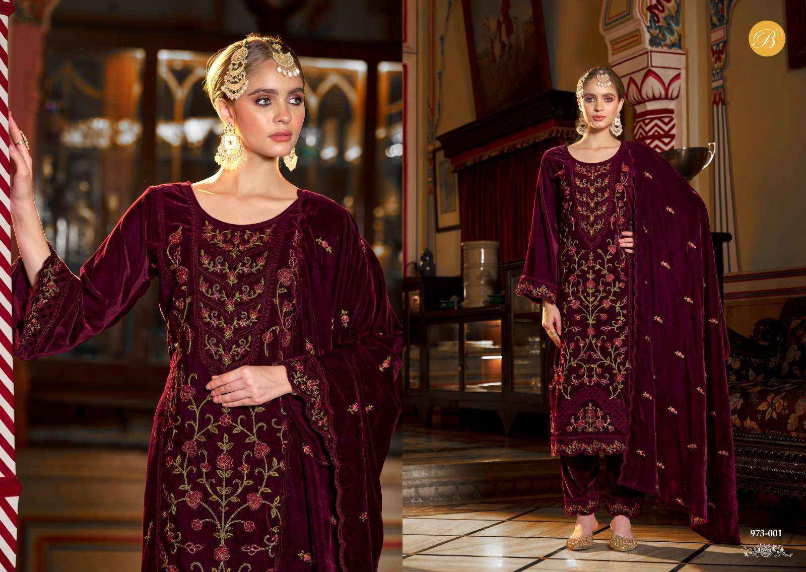 BELLIZA DESIGNER STUDIO NOORIYAT WHOLESALE LADIES VELVET DESIGNER SUIT ( 4 PCS CATALOG )