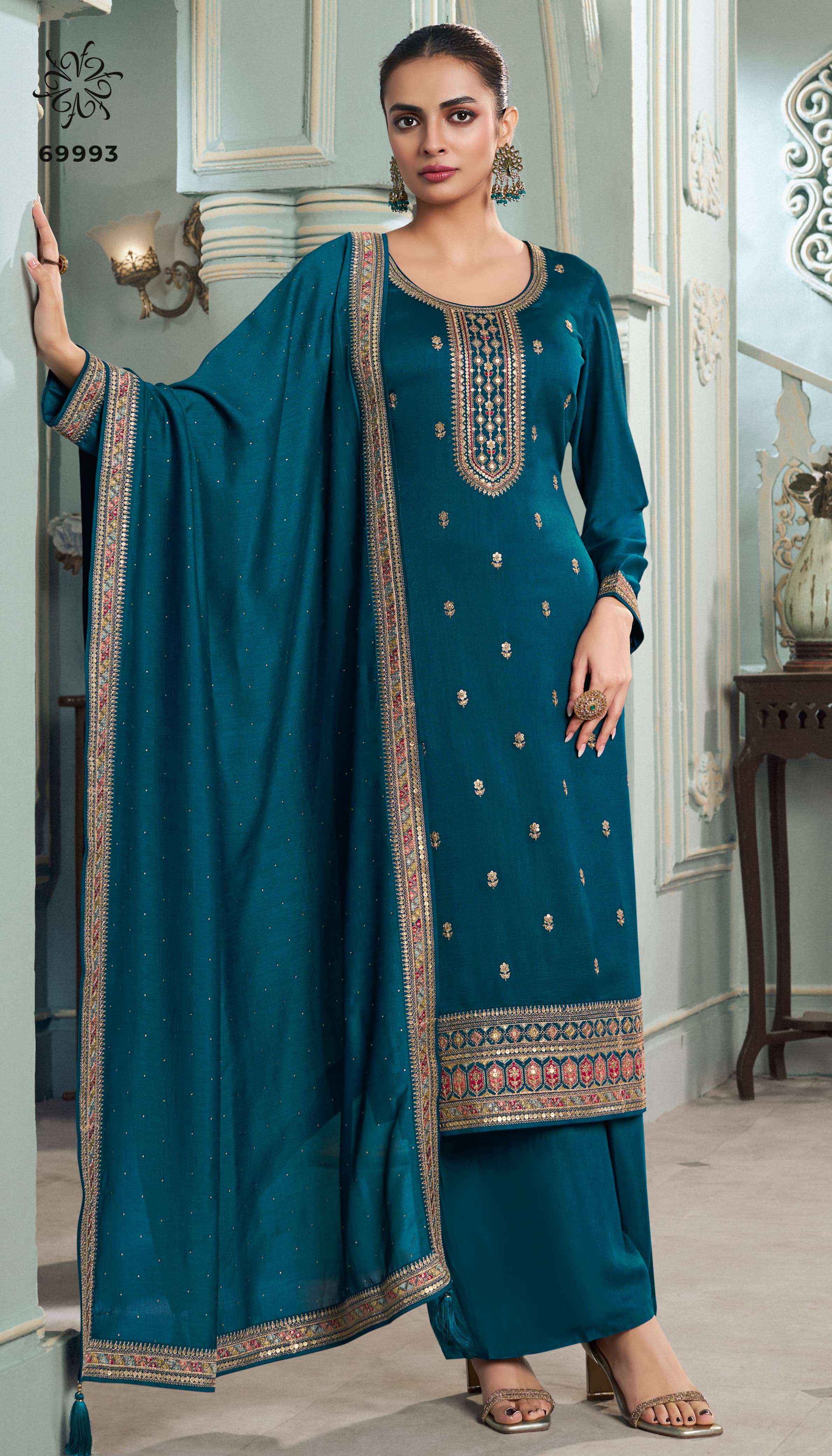 VINAY FASHION KULEESH MEENA SILK GEORGETTE DESIGNER SUIT ( 4 cs catalog )