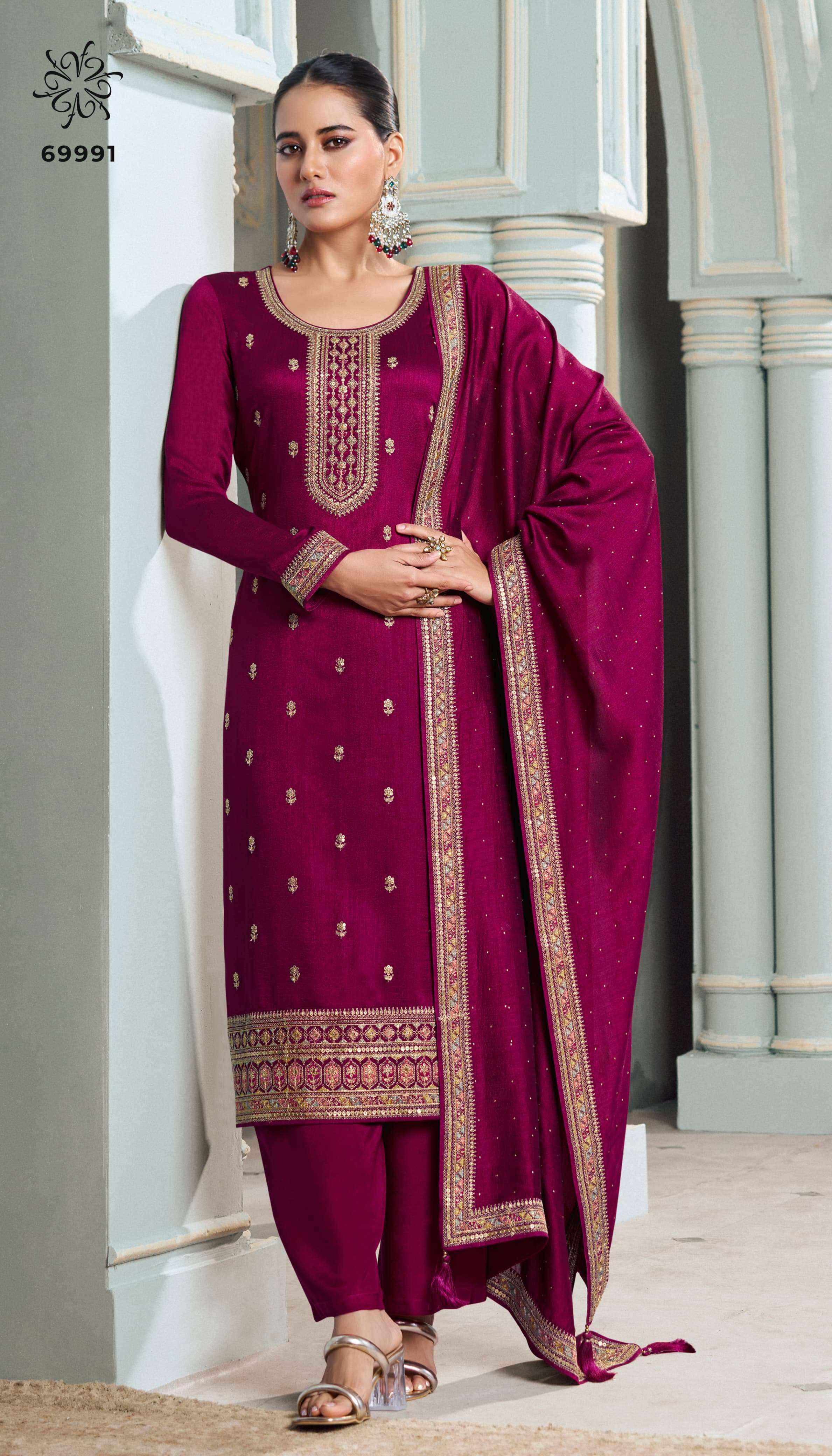 VINAY FASHION KULEESH MEENA SILK GEORGETTE DESIGNER SUIT ( 4 cs catalog )