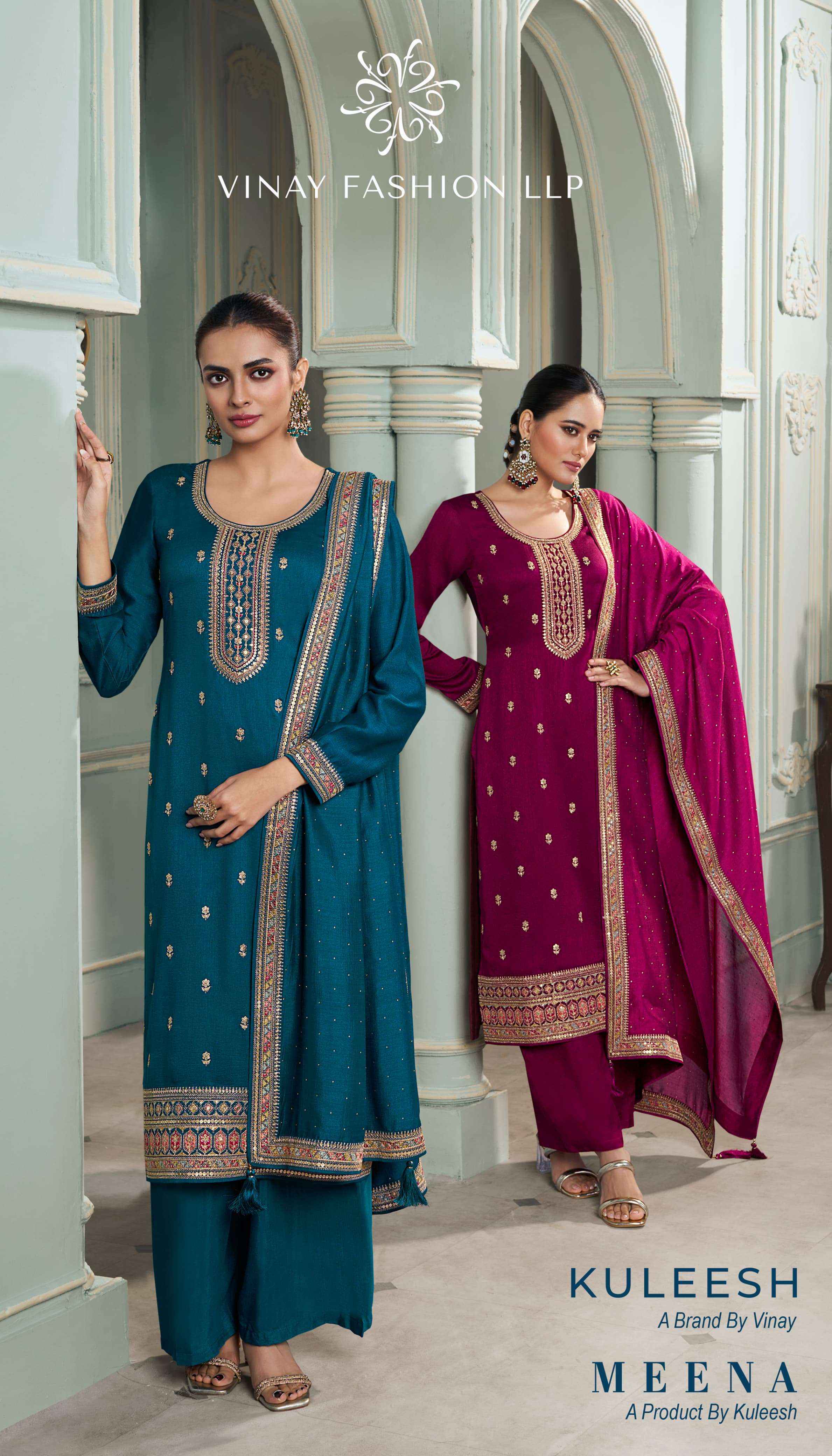 VINAY FASHION KULEESH MEENA SILK GEORGETTE DESIGNER SUIT ( 4 cs catalog )