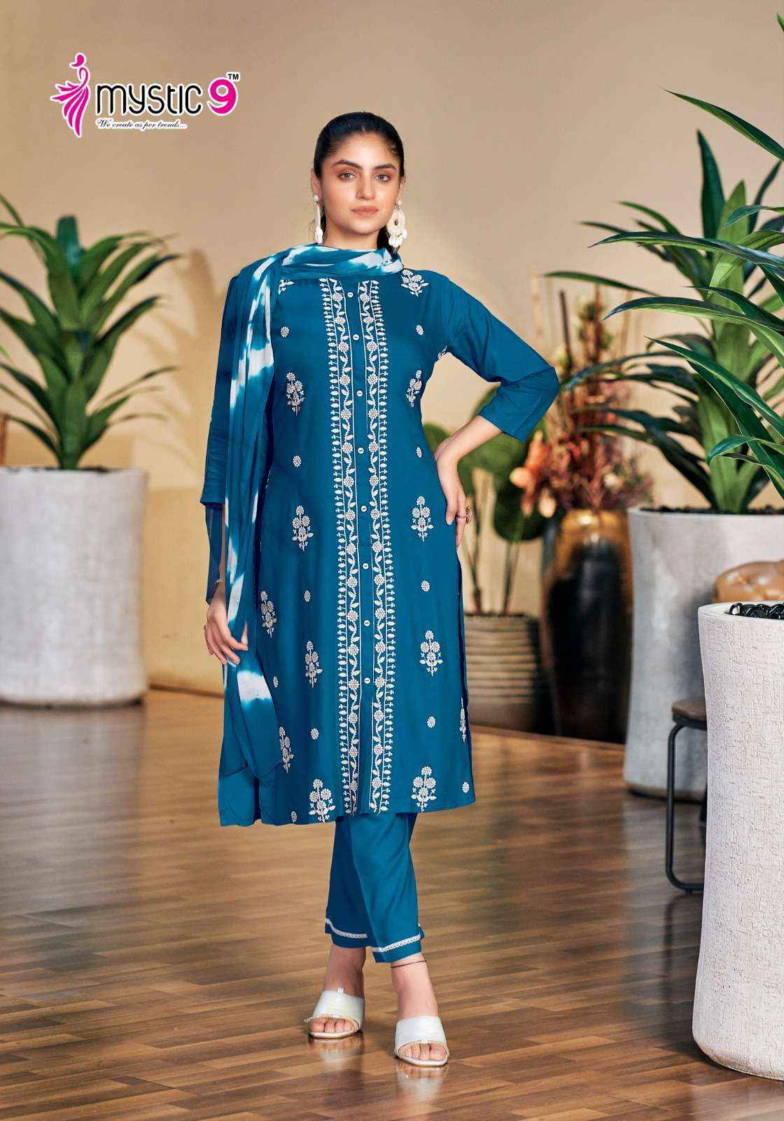 MYSTIC 9 RAJWADI VOL 1 RAYON FANCY WORKS LADIES KURTI COMBO SET ( 8 PCS CATALOG )