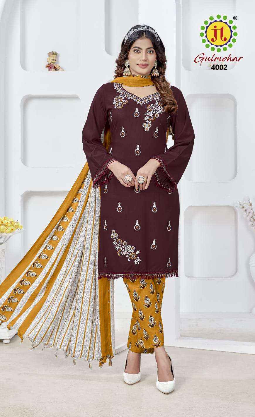 JT GULMOHAR VOL 4 RAYON FANCY EMBROIDERY WORKS SUIT ( 5 PCS CATALOG )