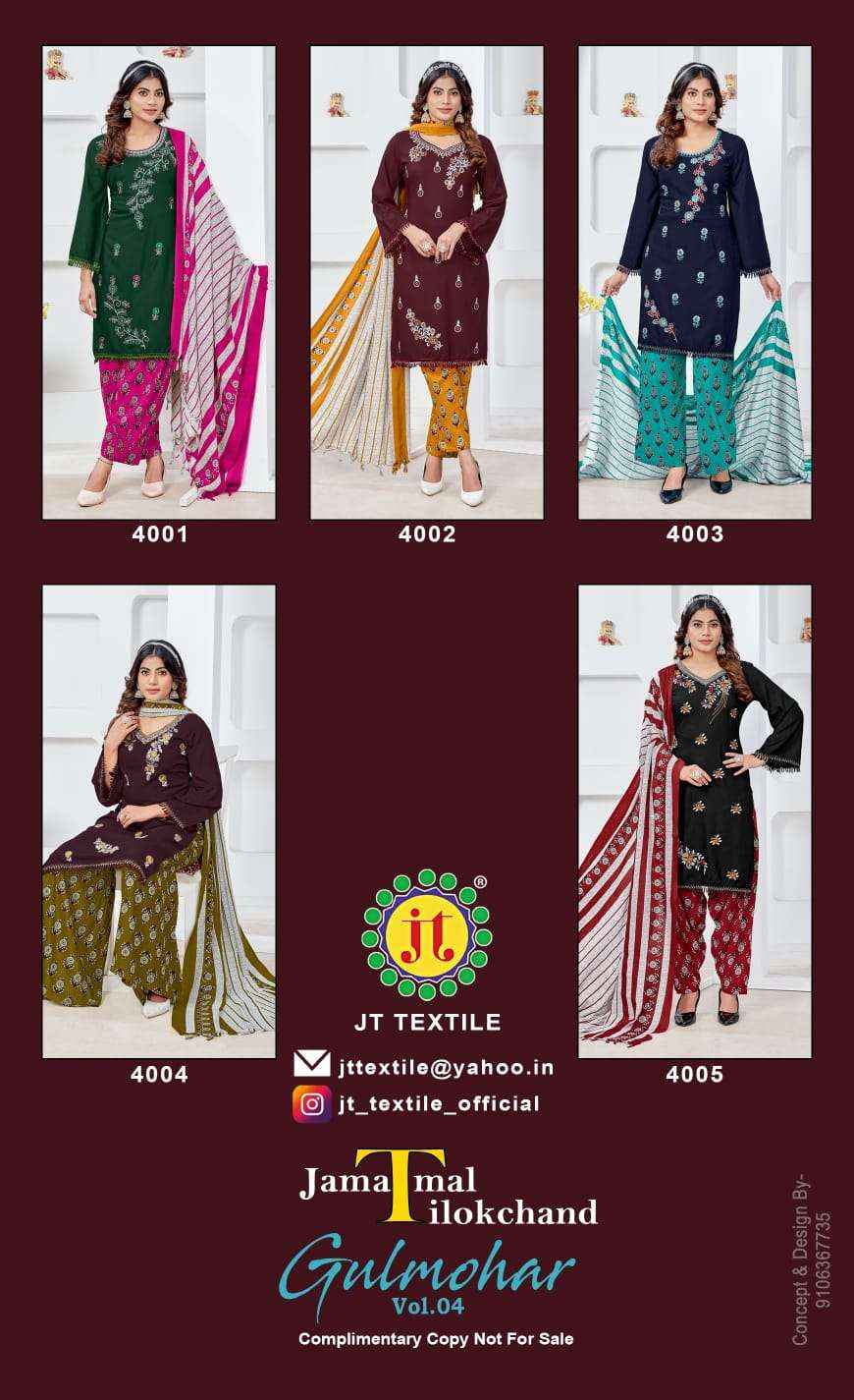JT GULMOHAR VOL 4 RAYON FANCY EMBROIDERY WORKS SUIT ( 5 PCS CATALOG )