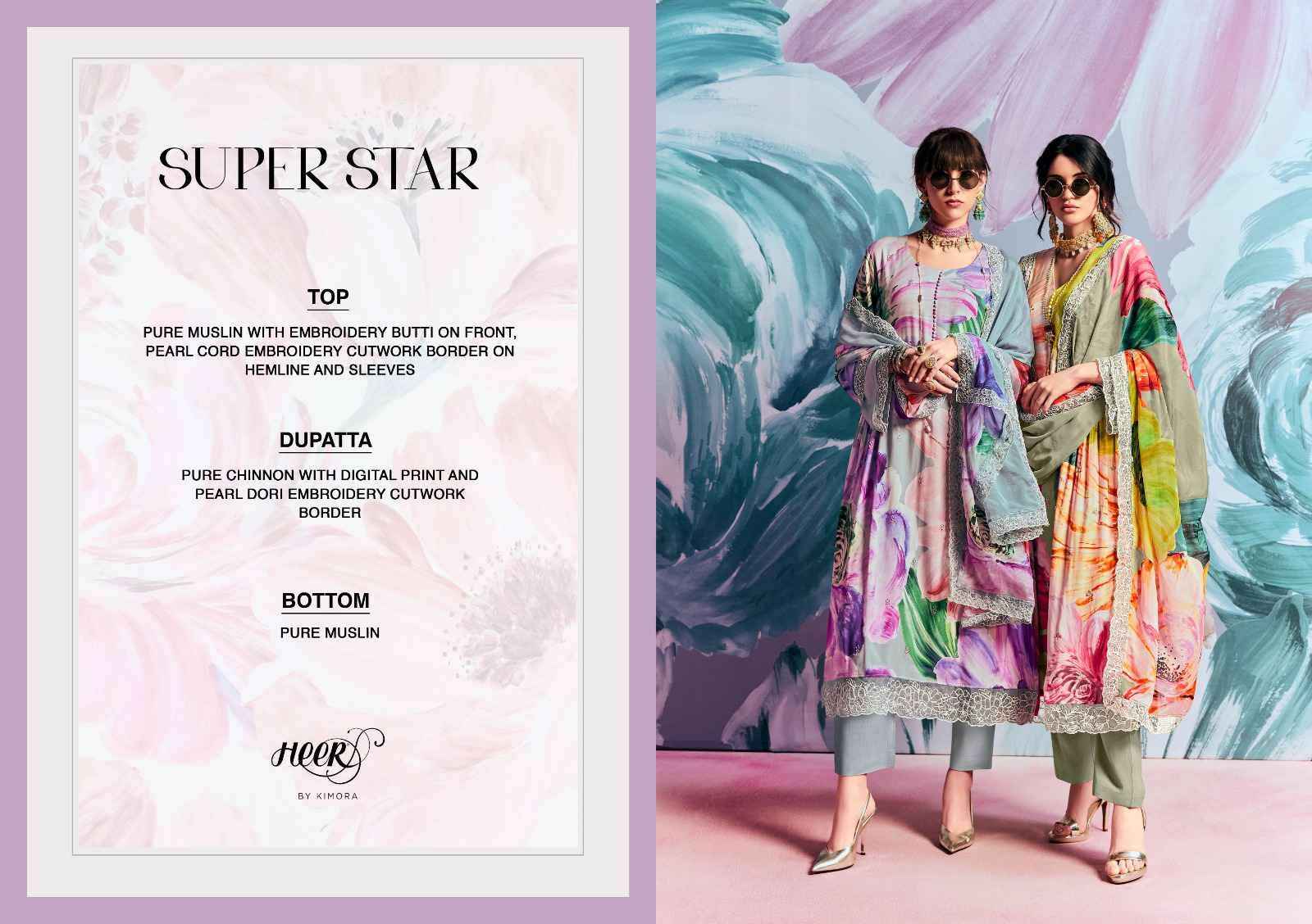 Kimora Heer Super Star Pure Muslin Fancy Ladies Suit wholesale price ( 6 pcs catalog )