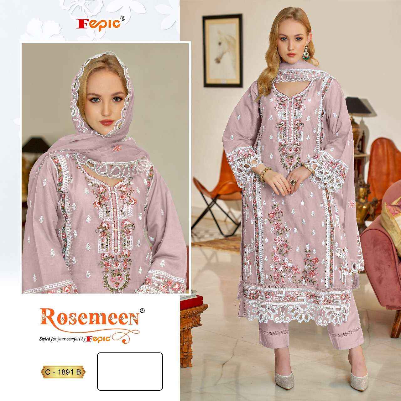 FEPIC ROSEMEEN C 1891 ORGANZA EMBROIDERED PAKISTANI DRESS MATERIAL WHOLESALE PRICE ( 3 PCS CATALOG )