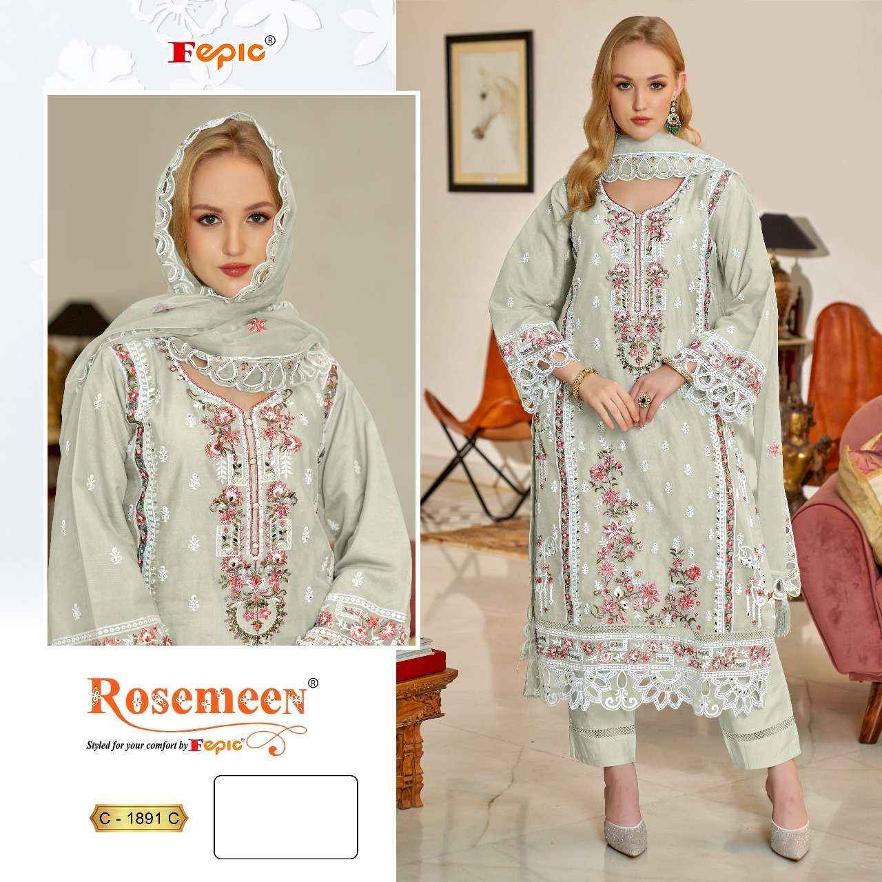 FEPIC ROSEMEEN C 1891 ORGANZA EMBROIDERED PAKISTANI DRESS MATERIAL WHOLESALE PRICE ( 3 PCS CATALOG )