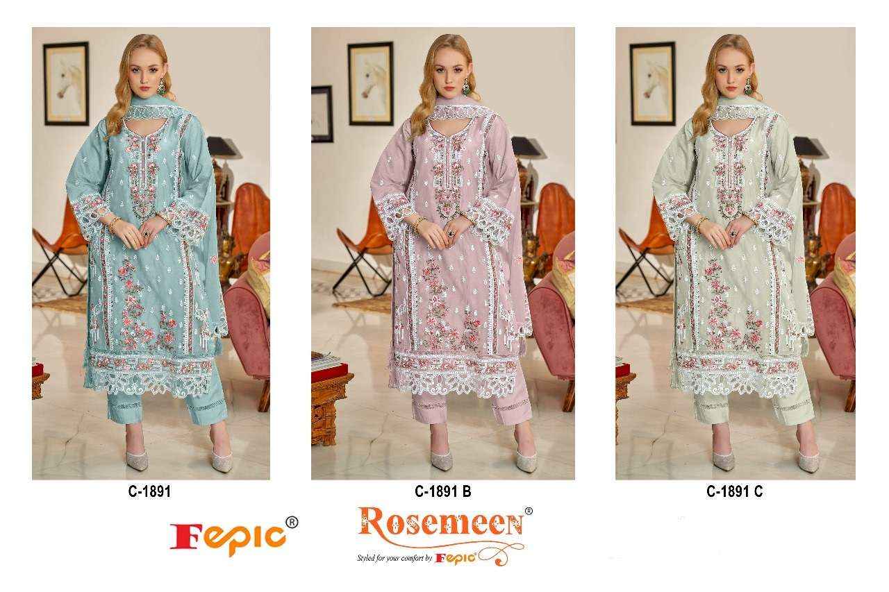 FEPIC ROSEMEEN C 1891 ORGANZA EMBROIDERED PAKISTANI DRESS MATERIAL WHOLESALE PRICE ( 3 PCS CATALOG )
