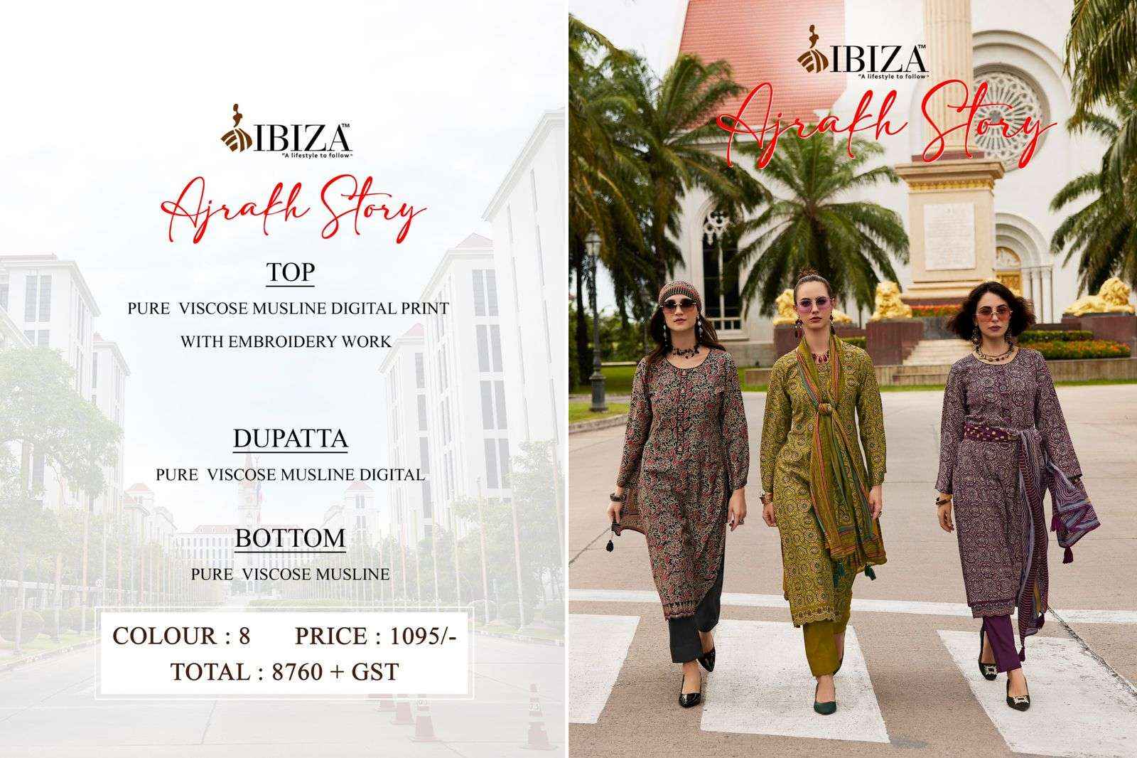 IBIZA AJRAKH STORY VISCOSE PRINT WITH EMBROIDERY SUIT DRESS MATERIAL WHOLESALE PRICE ( 8 PCS CATALOG )