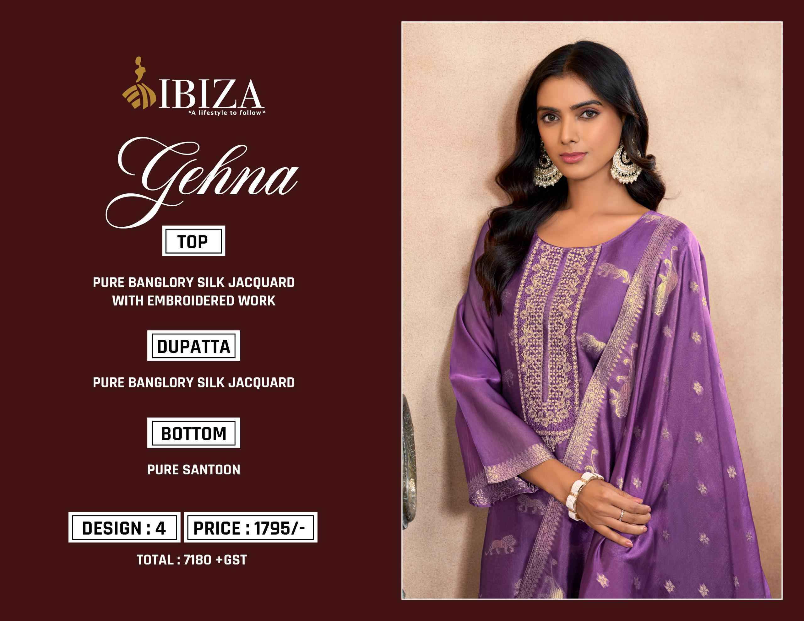 Ibiza Gehna Partywear Style Banglory Silk Suit Dress Material Wholesale Price ( 4 Pcs Catalog )