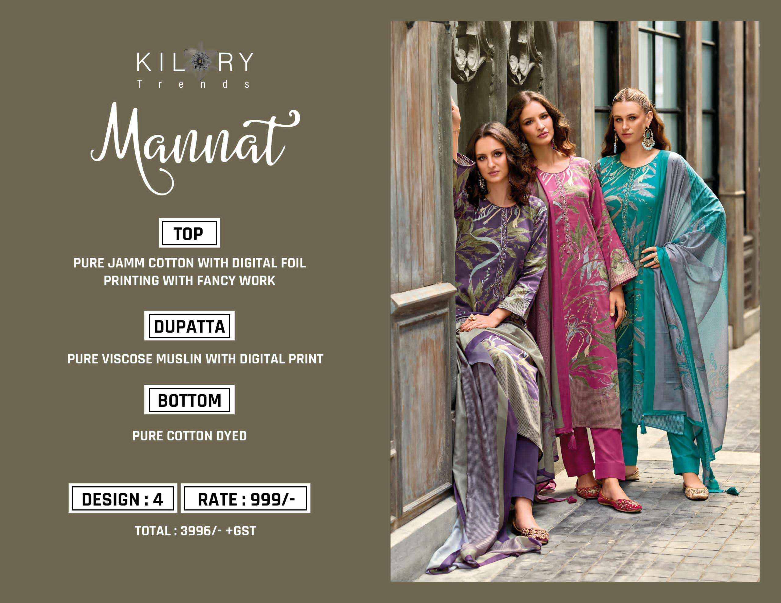 Kilory Trends Mannat Wholesale Jam Cotton Dress Material ( 4 pcs Catalogue )