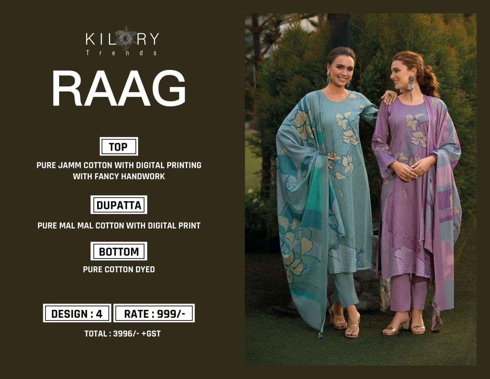 KILORY TRENDS RAAG JAM COTTON SUIT WHOLESALE PRICE ( 4 PCS CATALOGUE )