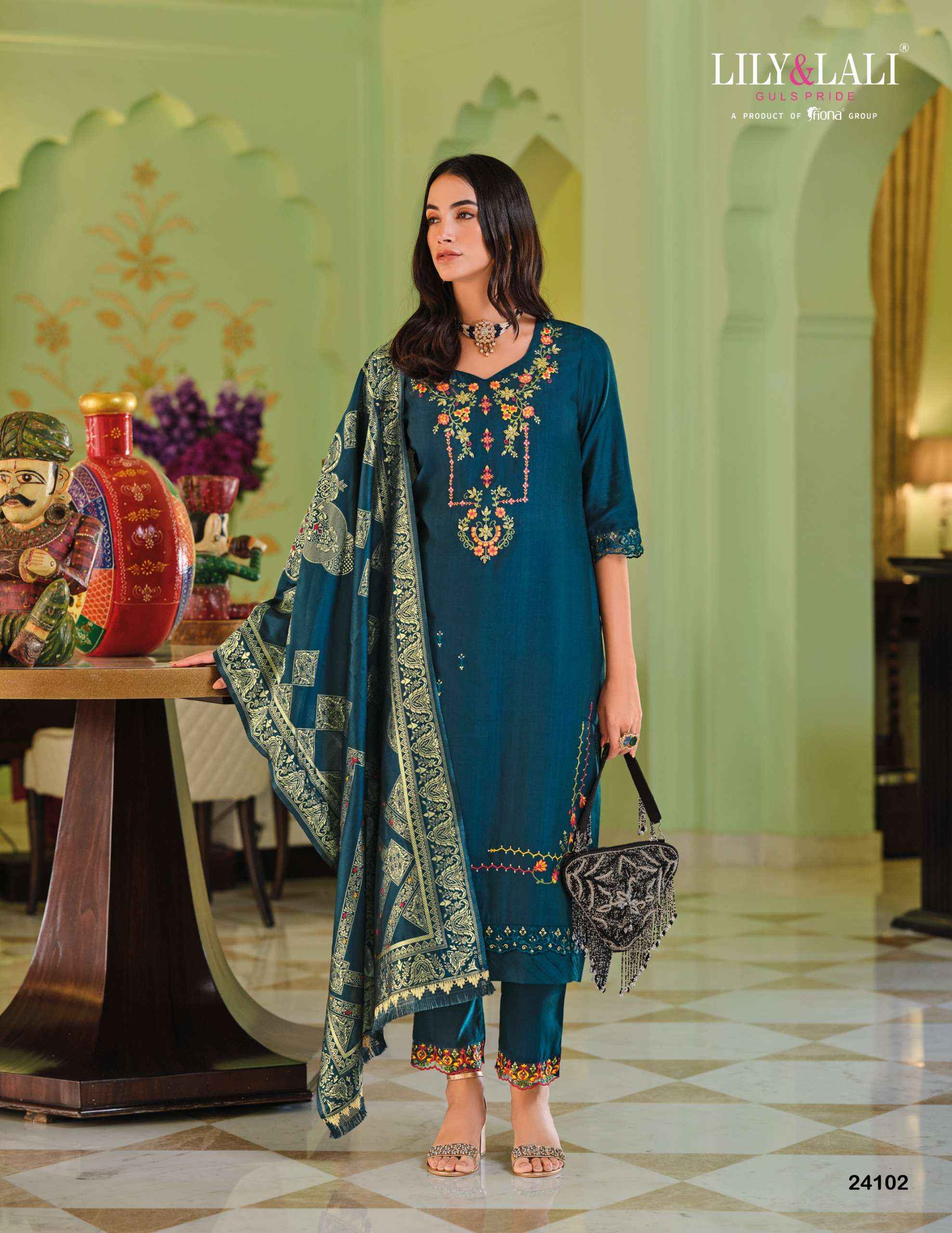LILY AND LALI HASMEENA VOL 5 VISCOSE DESIGNER WORK SUIT WHOLESALE PRICE ( ^ PCS CATALOG )