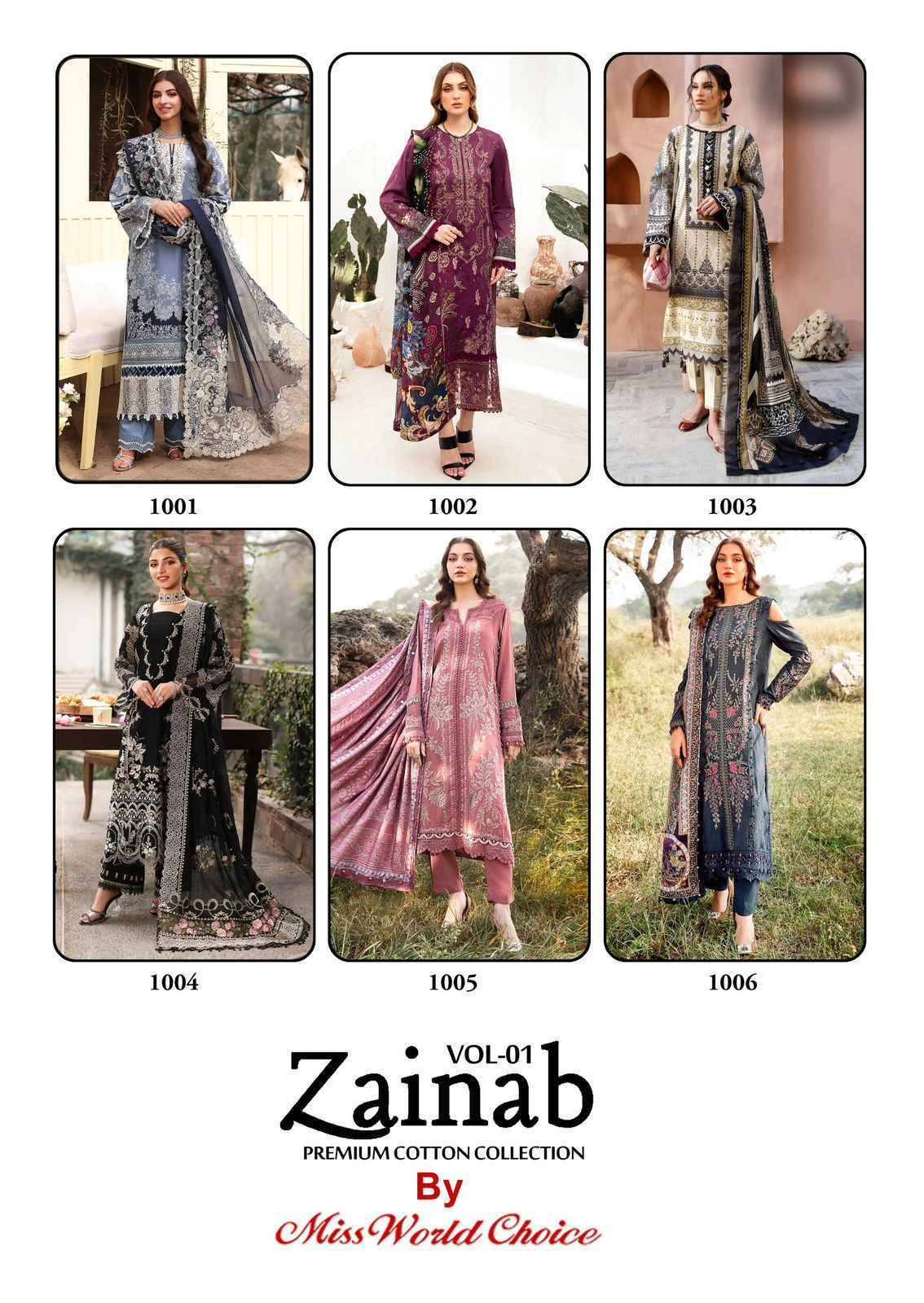 Miss World Choice Zainab Vol 1 Lawn Cotton Dress Material Wholesale Price ( 6 Pcs Catalog )