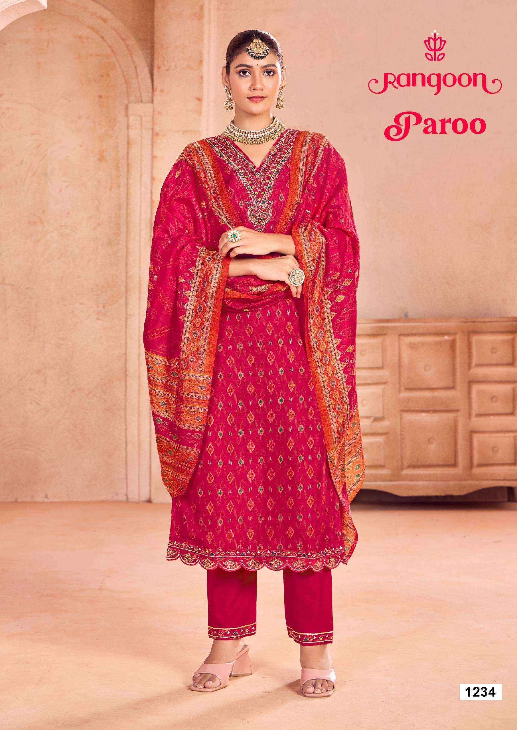 RANGOON PAROO SILK PRINT WITH FANCY WORK READYMADE KURTI WHOLESALE PRICE ( 4 PCS CATALOG )