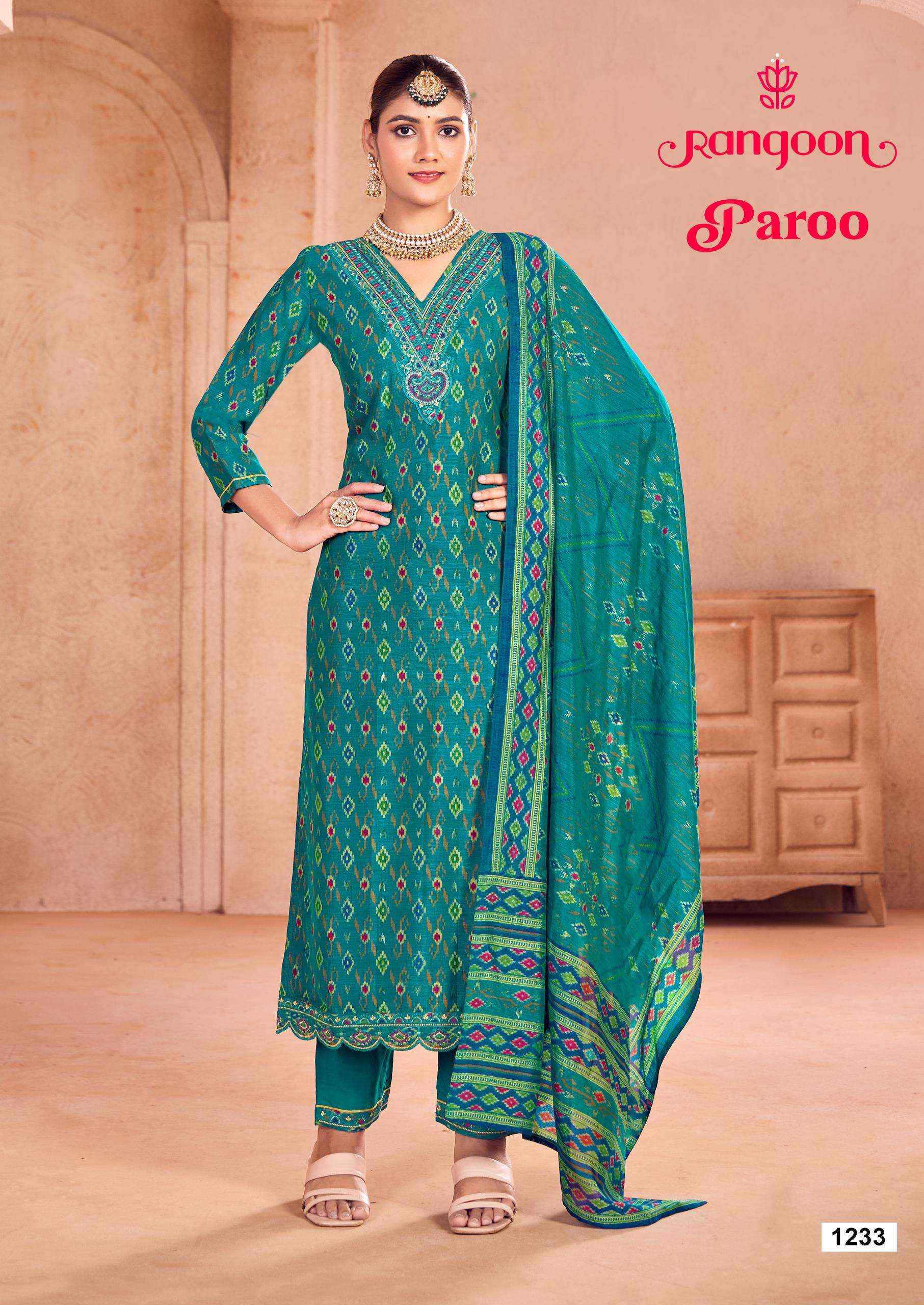RANGOON PAROO SILK PRINT WITH FANCY WORK READYMADE KURTI WHOLESALE PRICE ( 4 PCS CATALOG )