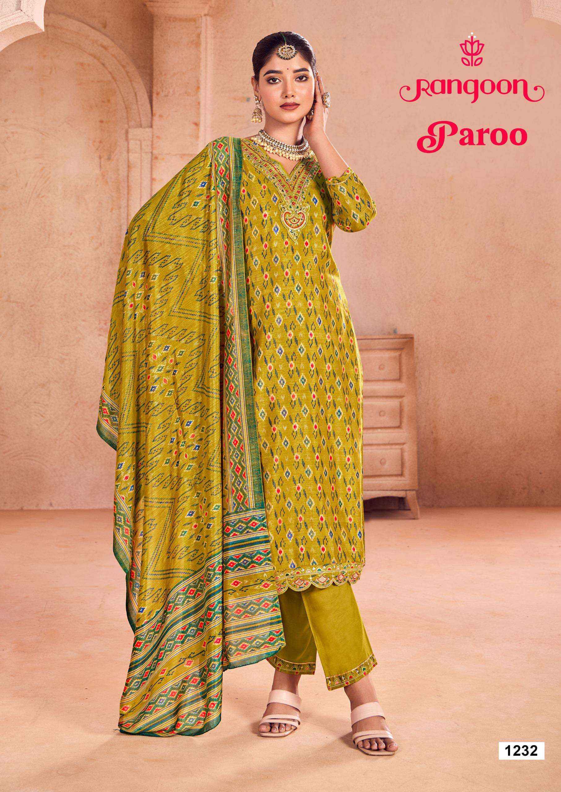 RANGOON PAROO SILK PRINT WITH FANCY WORK READYMADE KURTI WHOLESALE PRICE ( 4 PCS CATALOG )