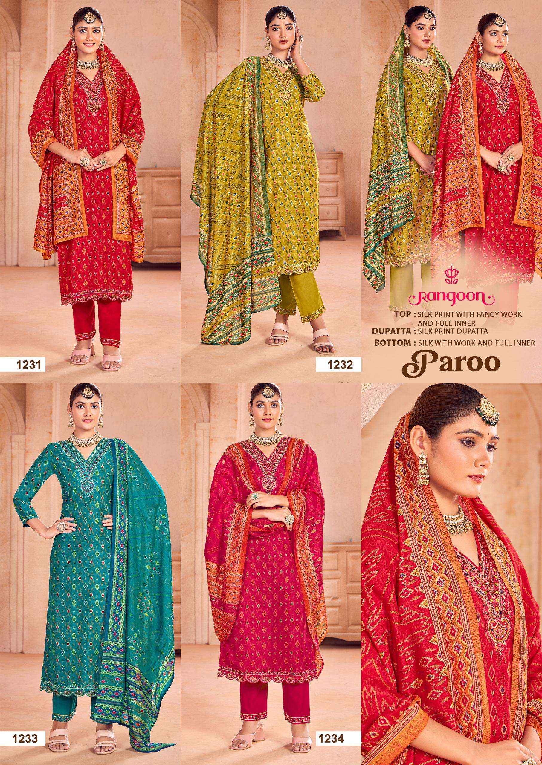 RANGOON PAROO SILK PRINT WITH FANCY WORK READYMADE KURTI WHOLESALE PRICE ( 4 PCS CATALOG )
