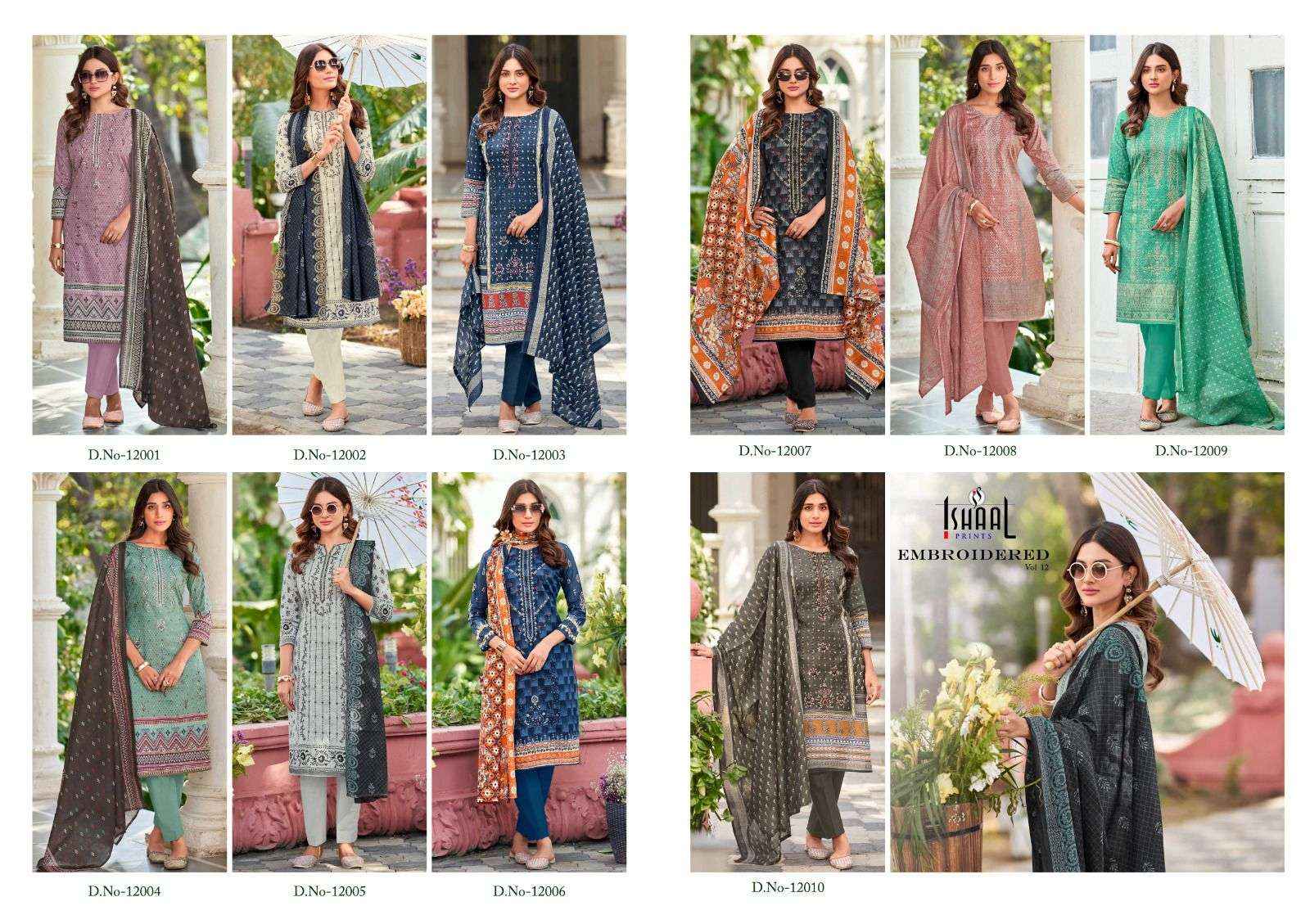 Ishaal Prints Embroidered Vol 12 Pure Lawn With Self Embroidered Dress Material ( 10 Pcs Catalogue )