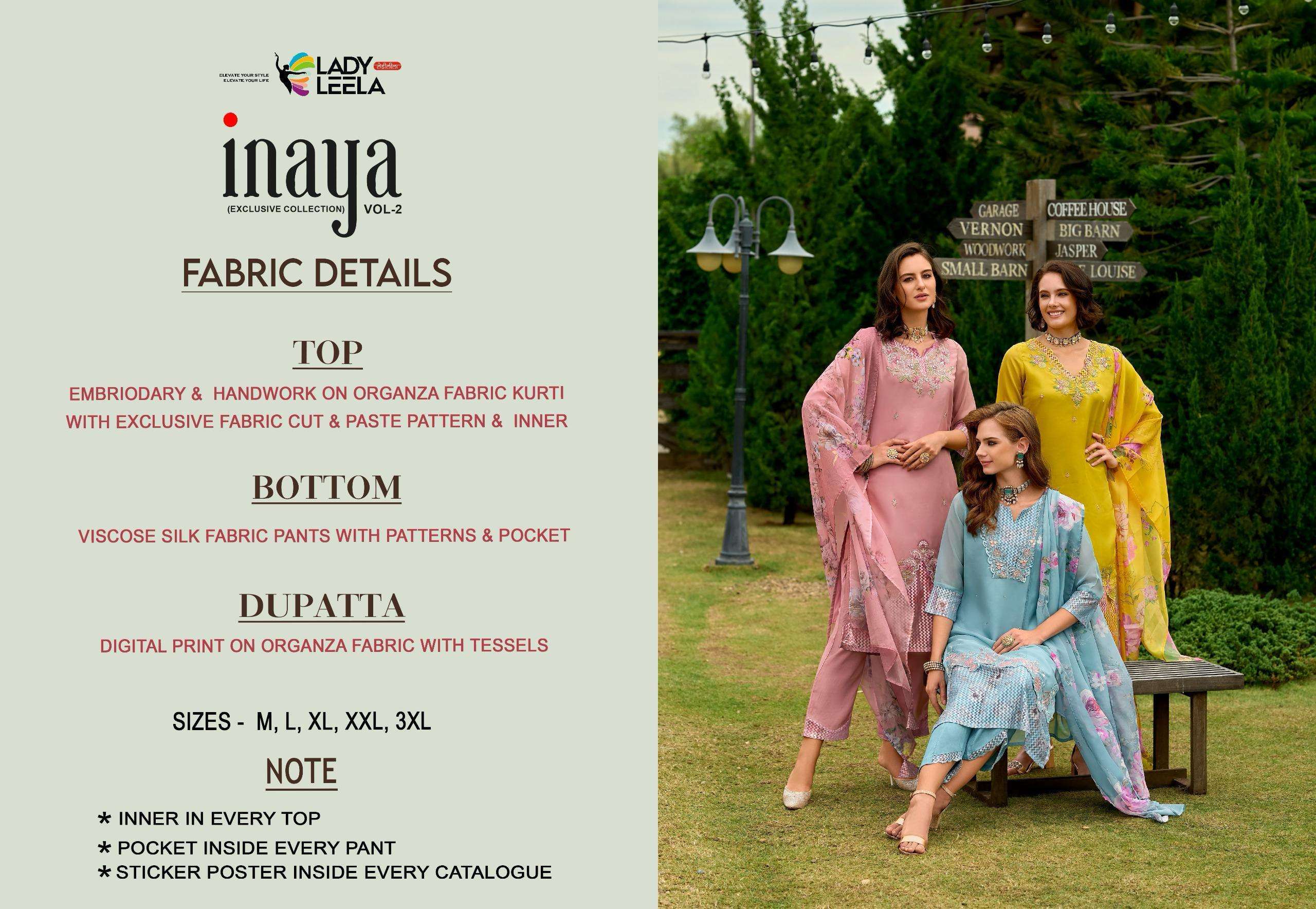 LADY LEELA INAYA VOL 2 ORGANZA BEAUTIFUL LADIES SUIT WHOLESALE PRICE ( 6 PCS CATALOG )