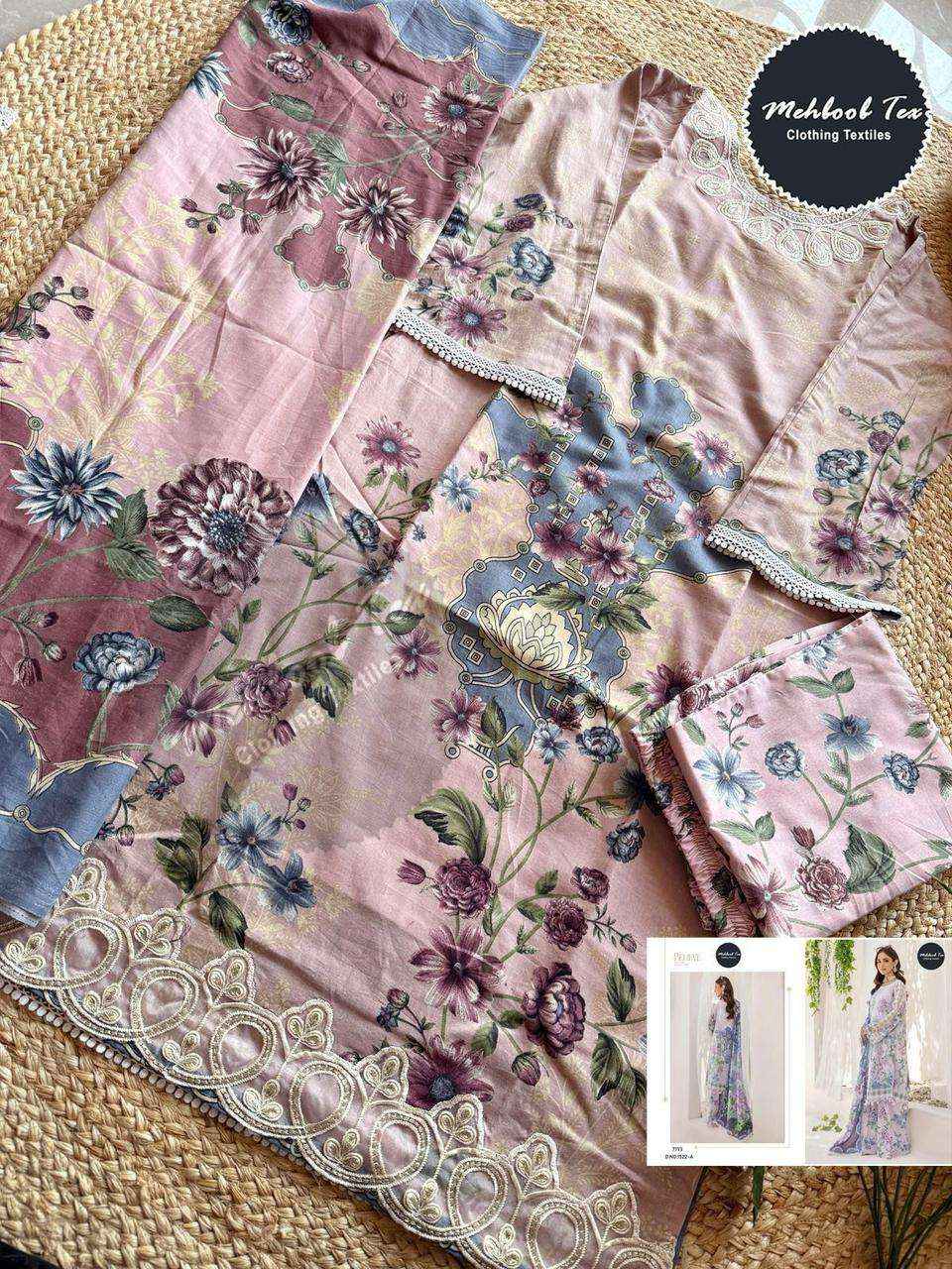 MEHBOOB TEX DESIGN NO - 1522-1524-1526 PURE COTTON PRINT EMBROIDERED SELF WORK PAKISTANI DRESS MATERIAL WHOLESALE PRICE ( 3 PCS CATALOG )