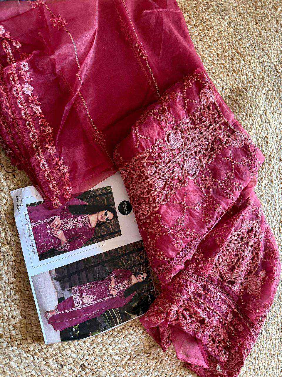 MEHBOOB TEX DESIGN NO - 1523 ABCD ORGANZA HEAVY EMBROIDERED HAND WORK PARTY WEAR WHOLESALE PRICE ( 4 PCS CATALOG )