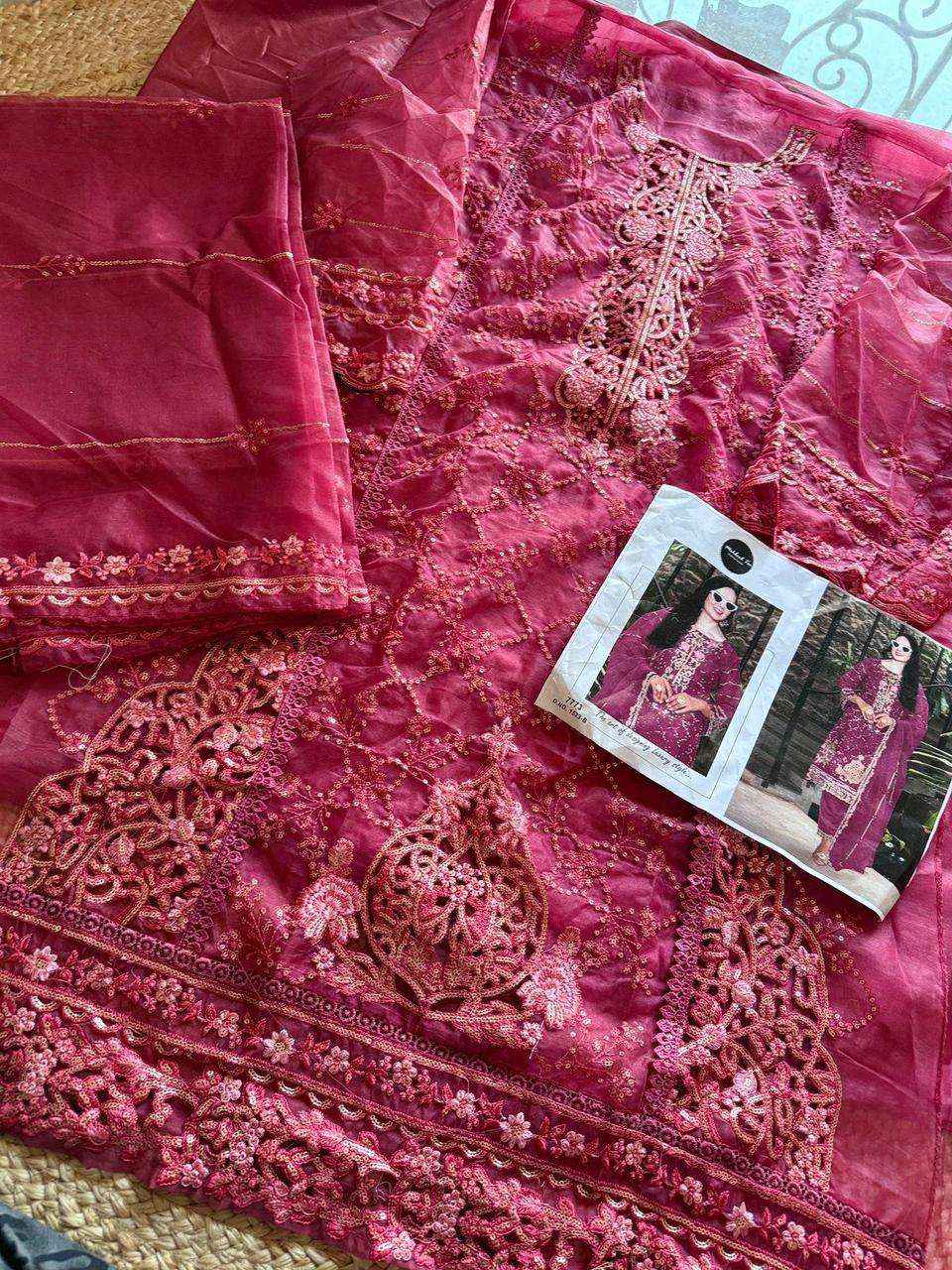 MEHBOOB TEX DESIGN NO - 1523 ABCD ORGANZA HEAVY EMBROIDERED HAND WORK PARTY WEAR WHOLESALE PRICE ( 4 PCS CATALOG )