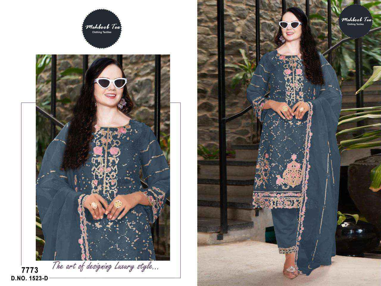 MEHBOOB TEX DESIGN NO - 1523 ABCD ORGANZA HEAVY EMBROIDERED HAND WORK PARTY WEAR WHOLESALE PRICE ( 4 PCS CATALOG )