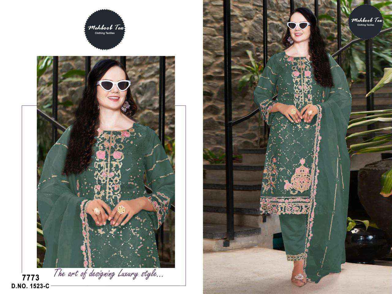 MEHBOOB TEX DESIGN NO - 1523 ABCD ORGANZA HEAVY EMBROIDERED HAND WORK PARTY WEAR WHOLESALE PRICE ( 4 PCS CATALOG )
