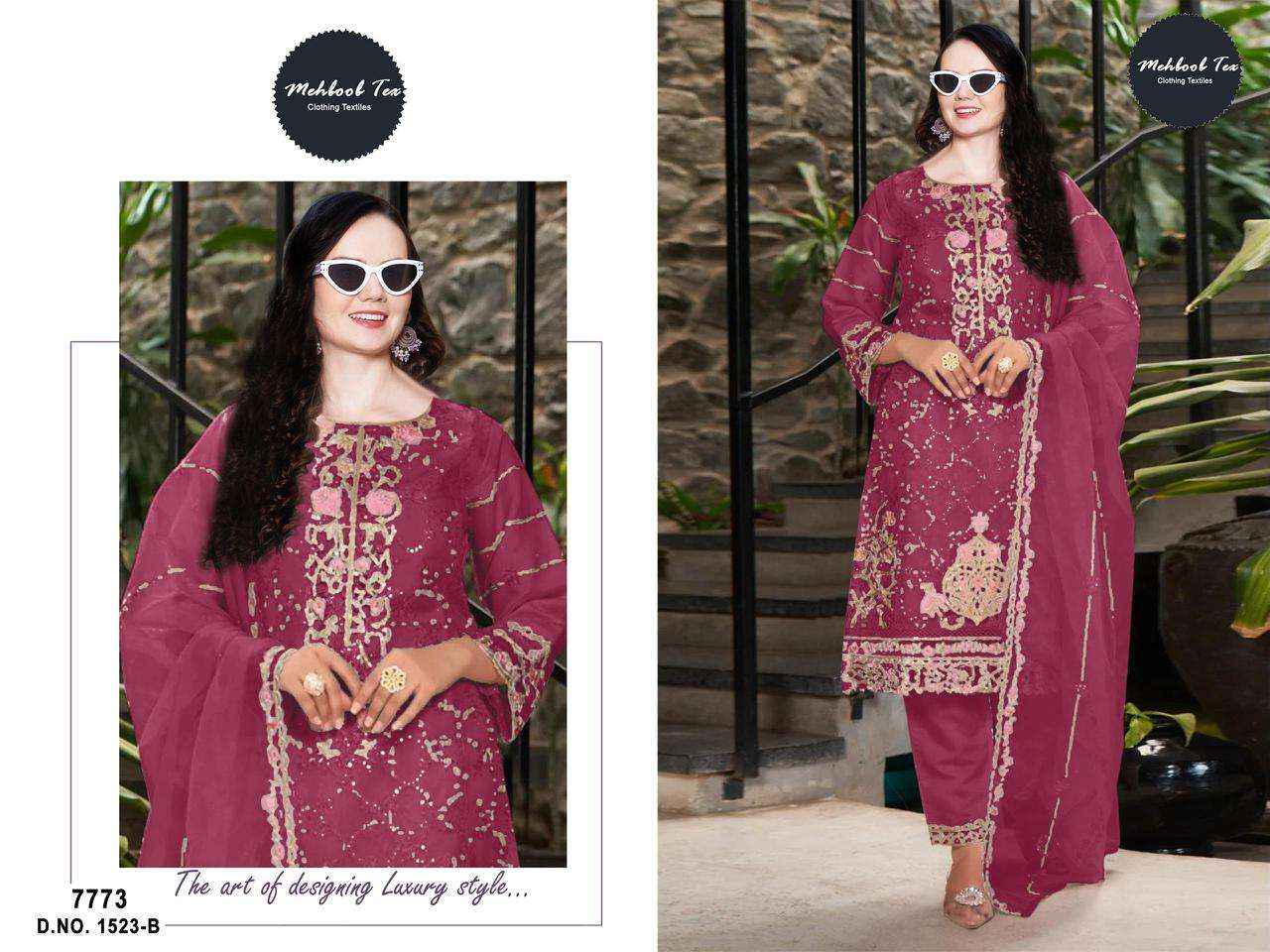 MEHBOOB TEX DESIGN NO - 1523 ABCD ORGANZA HEAVY EMBROIDERED HAND WORK PARTY WEAR WHOLESALE PRICE ( 4 PCS CATALOG )