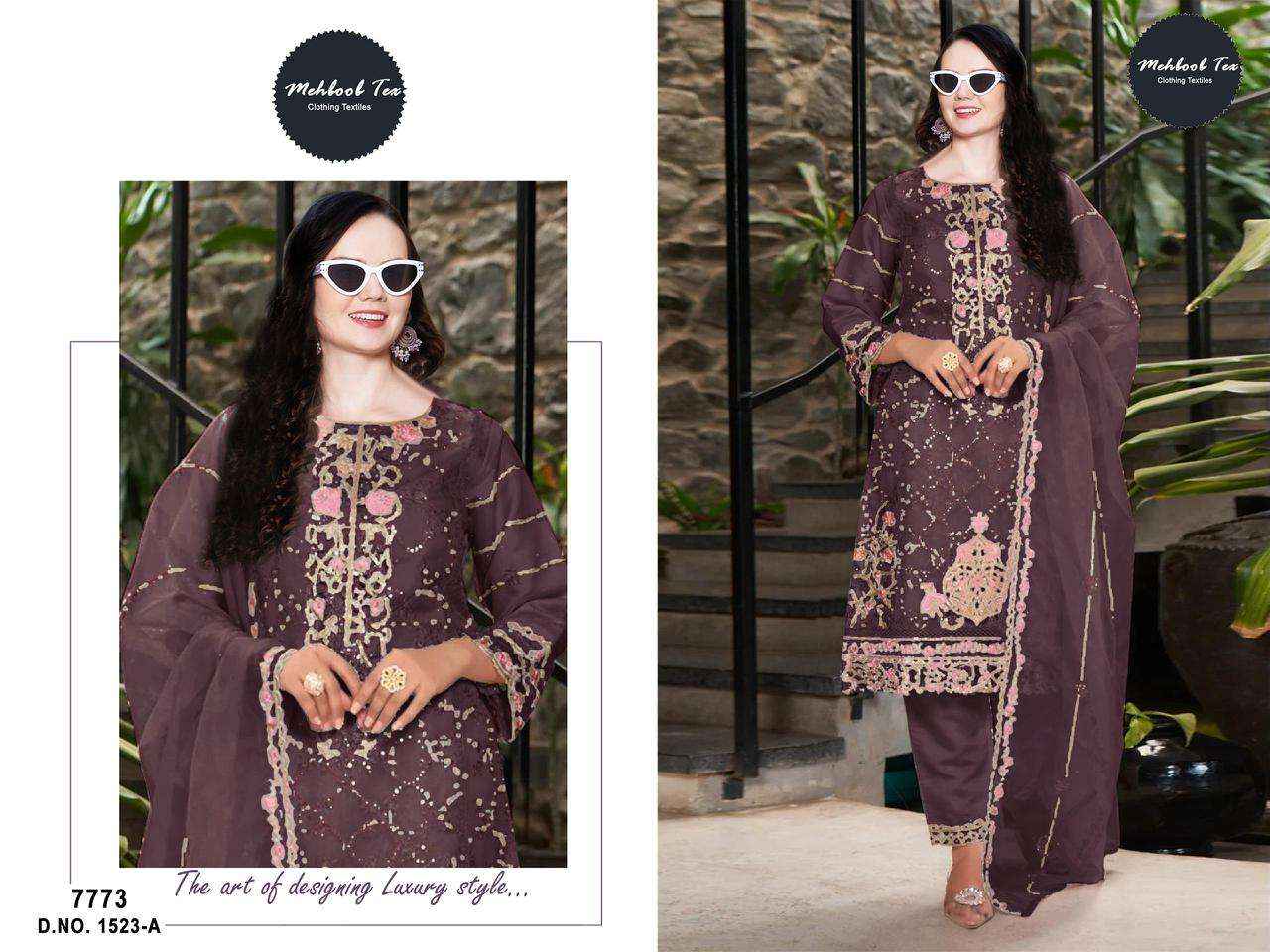 MEHBOOB TEX DESIGN NO - 1523 ABCD ORGANZA HEAVY EMBROIDERED HAND WORK PARTY WEAR WHOLESALE PRICE ( 4 PCS CATALOG )