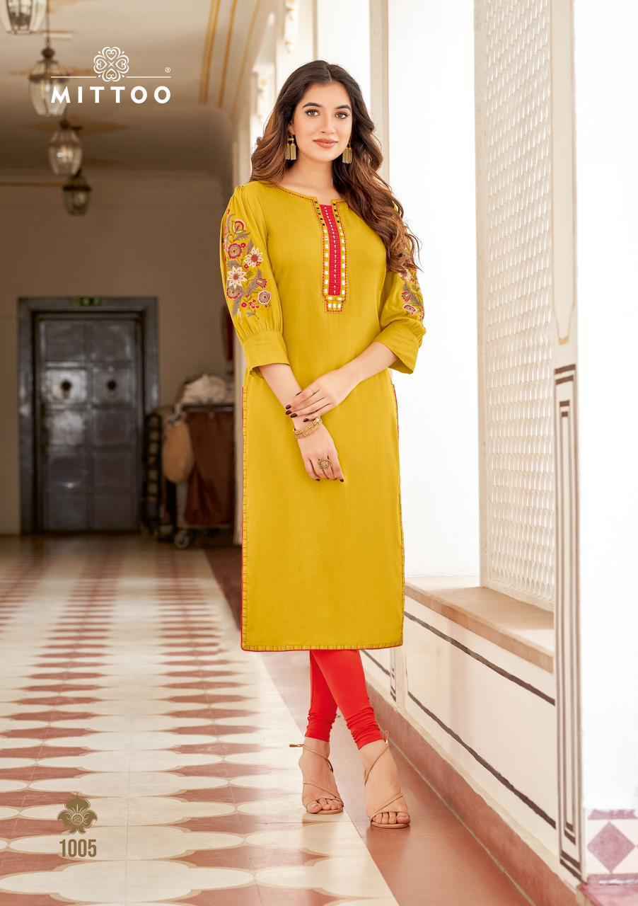 Mittoo Fashion Kaamiya Wholesale Rayon Kurti ( 6 pcs Catalogue )