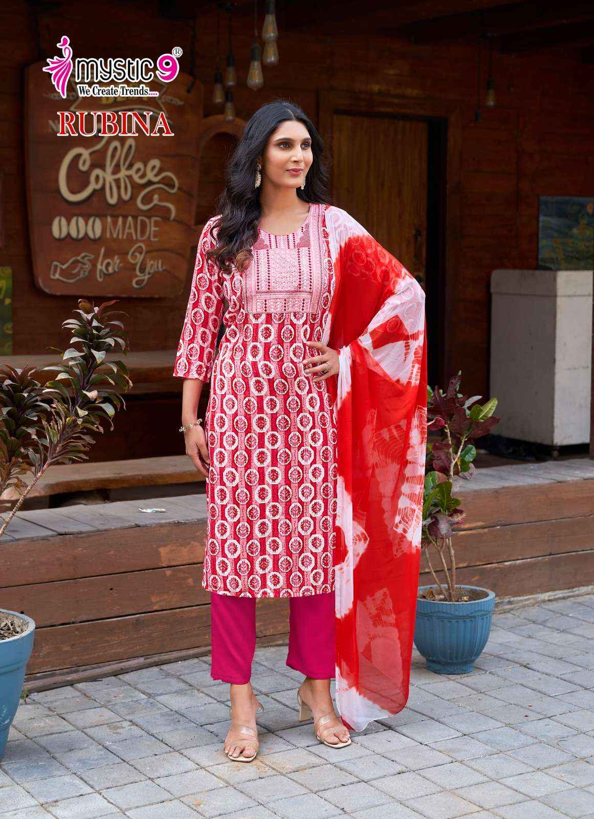MYSTIC 9 RUBINA VOL 7 RAYON PRINT FANCY WORK KURTI COMBO SET WHOLESALE PRICE ( 8 PCS CATALOG )