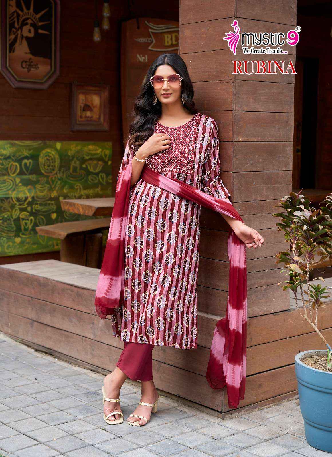 MYSTIC 9 RUBINA VOL 7 RAYON PRINT FANCY WORK KURTI COMBO SET WHOLESALE PRICE ( 8 PCS CATALOG )