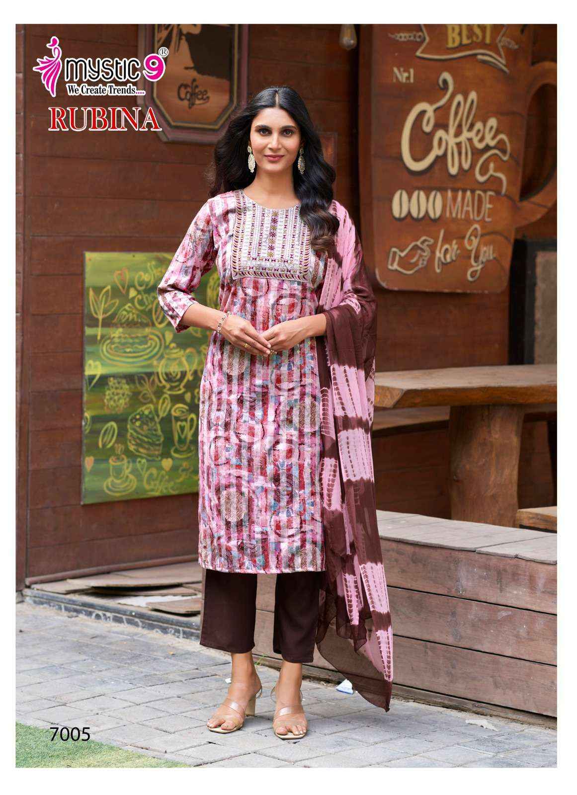 MYSTIC 9 RUBINA VOL 7 RAYON PRINT FANCY WORK KURTI COMBO SET WHOLESALE PRICE ( 8 PCS CATALOG )