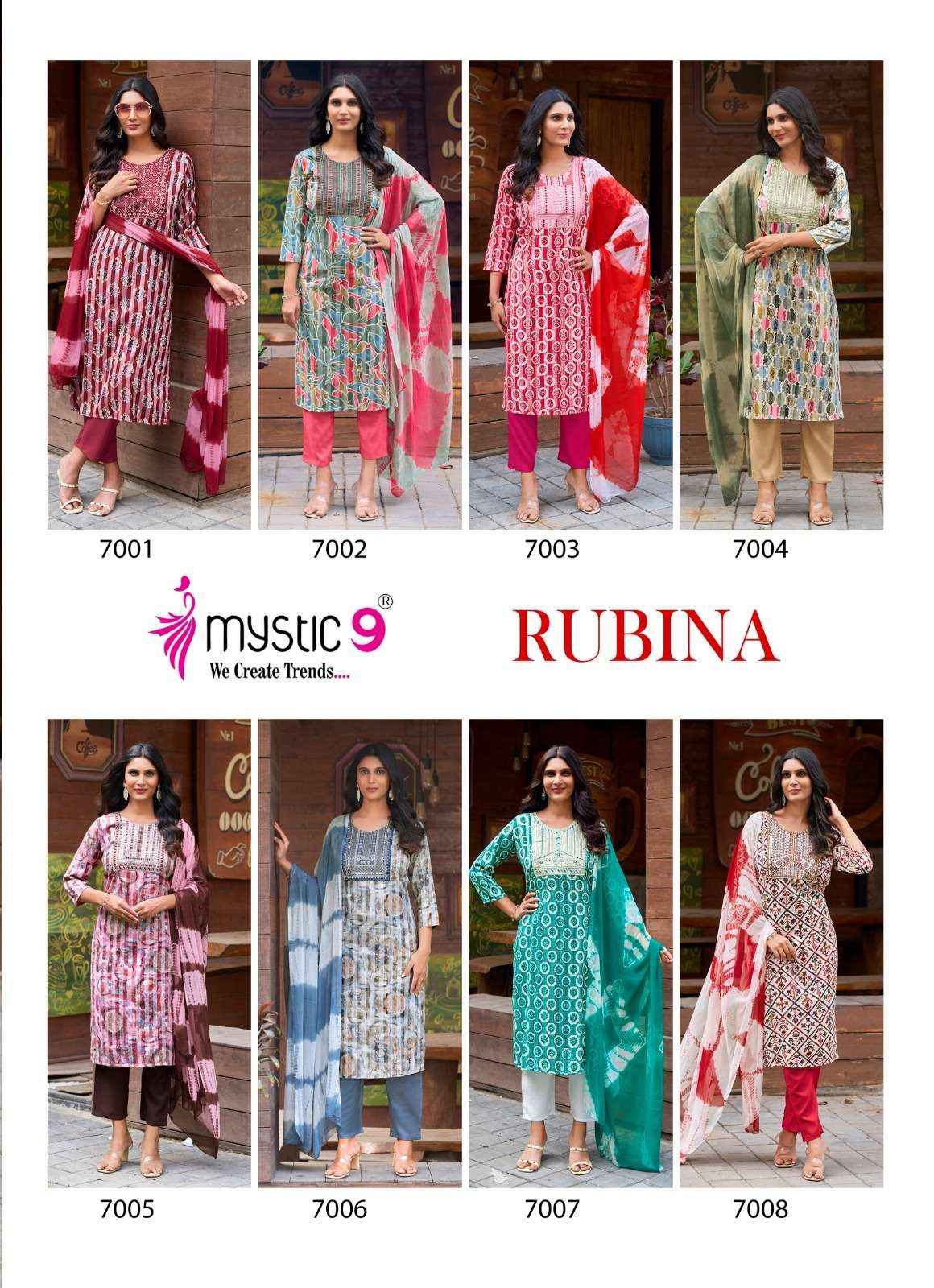 MYSTIC 9 RUBINA VOL 7 RAYON PRINT FANCY WORK KURTI COMBO SET WHOLESALE PRICE ( 8 PCS CATALOG )