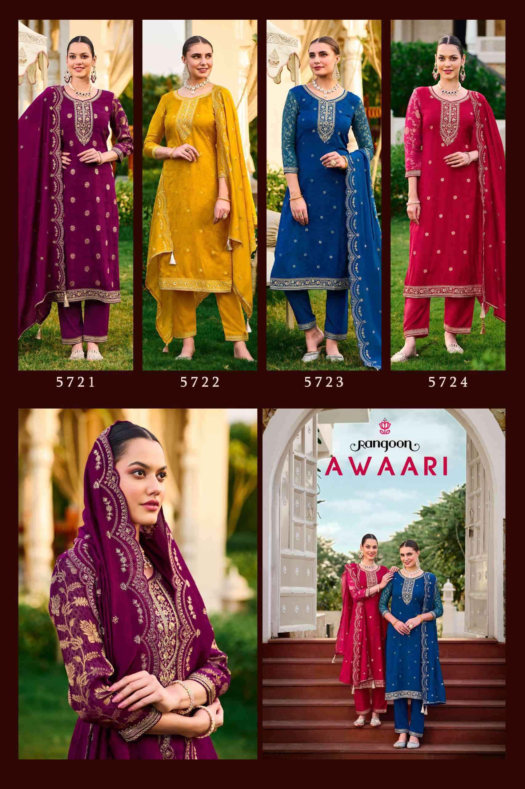 Rangoon Awaari Muslin Jacquard Designer Readymade Suits ( 4 Pcs Catalogue )