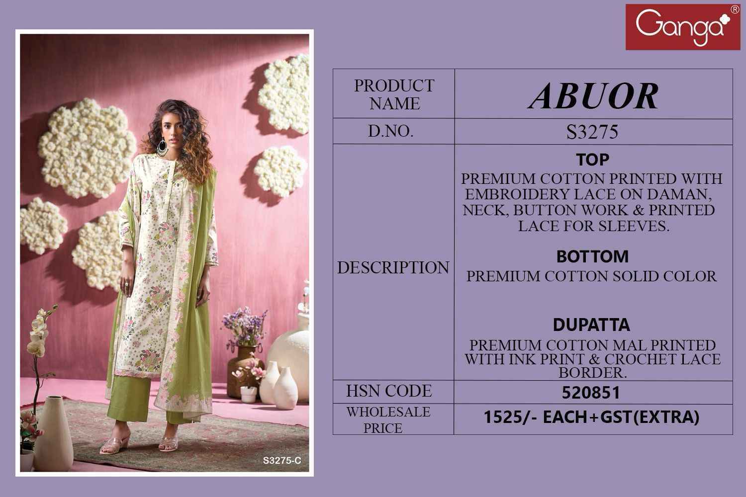 Ganga Abuor 3275 Cotton Dress Material Wholesale Price ( 4 Pcs Catalog )