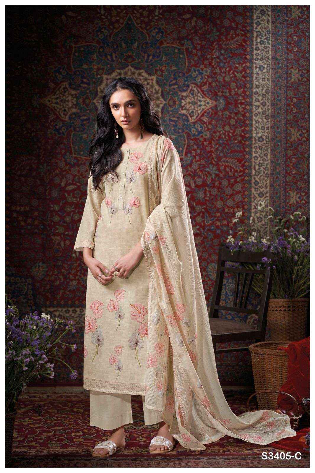Ganga Fashion Cora 3405 Fancy Work Cotton Dress Wholesale Rate ( 4 Pcs Catalog )