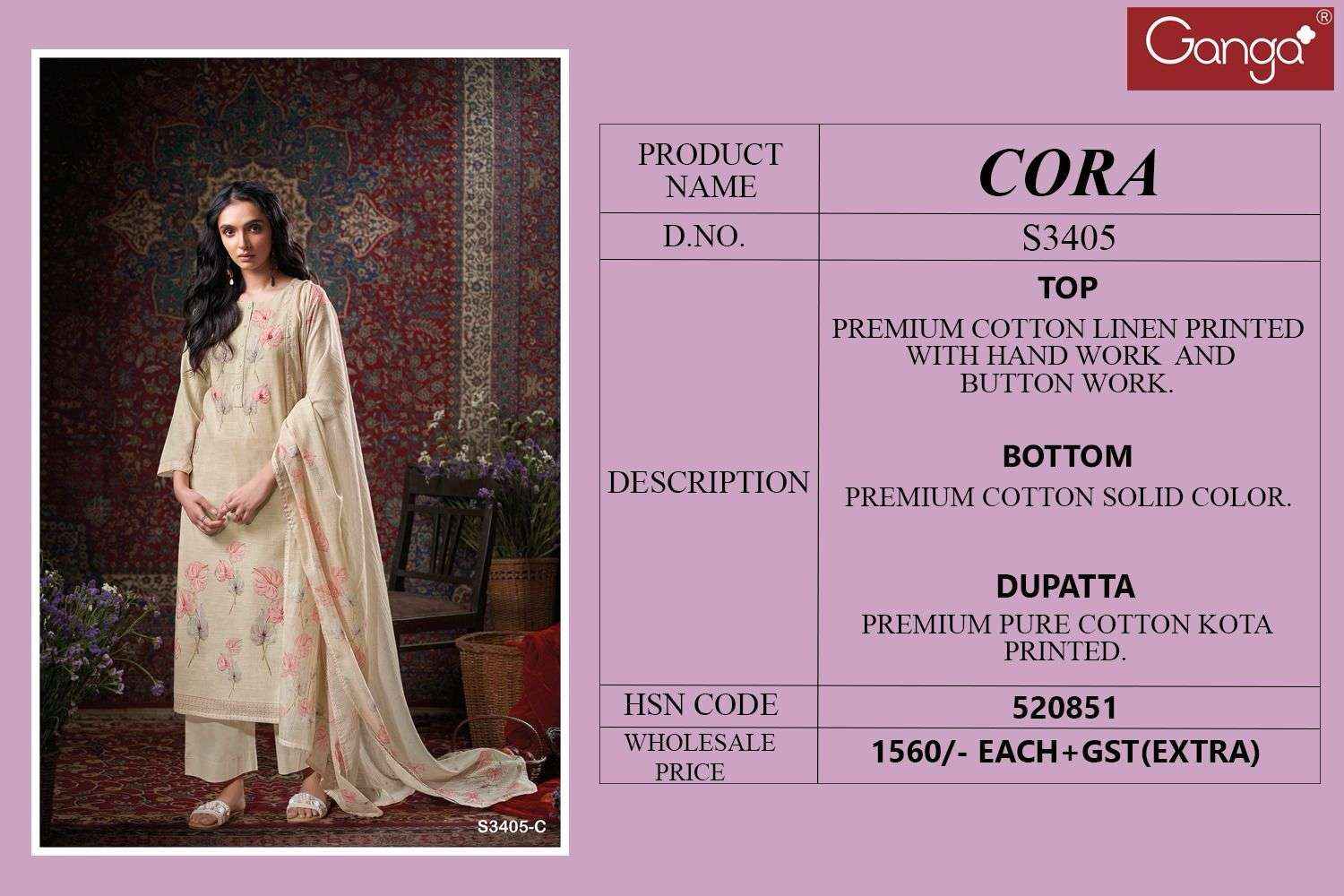 Ganga Fashion Cora 3405 Fancy Work Cotton Dress Wholesale Rate ( 4 Pcs Catalog )