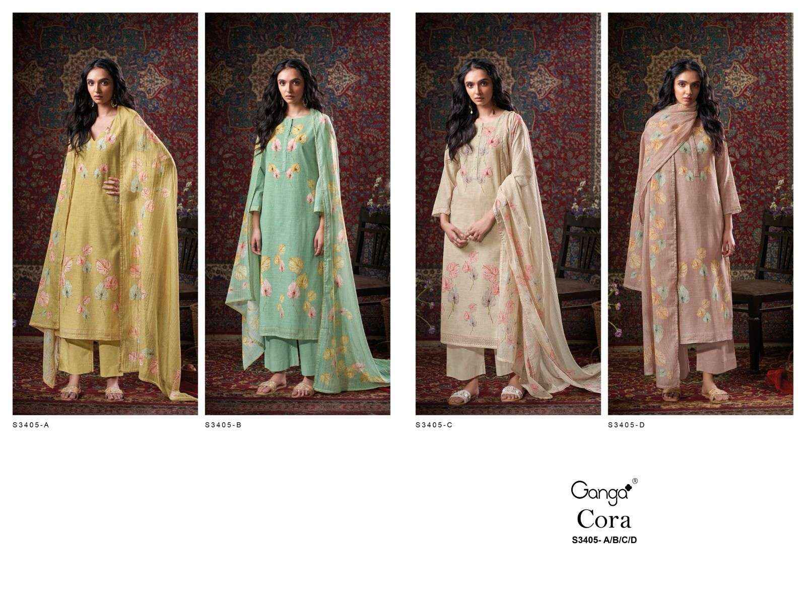 Ganga Fashion Cora 3405 Fancy Work Cotton Dress Wholesale Rate ( 4 Pcs Catalog )