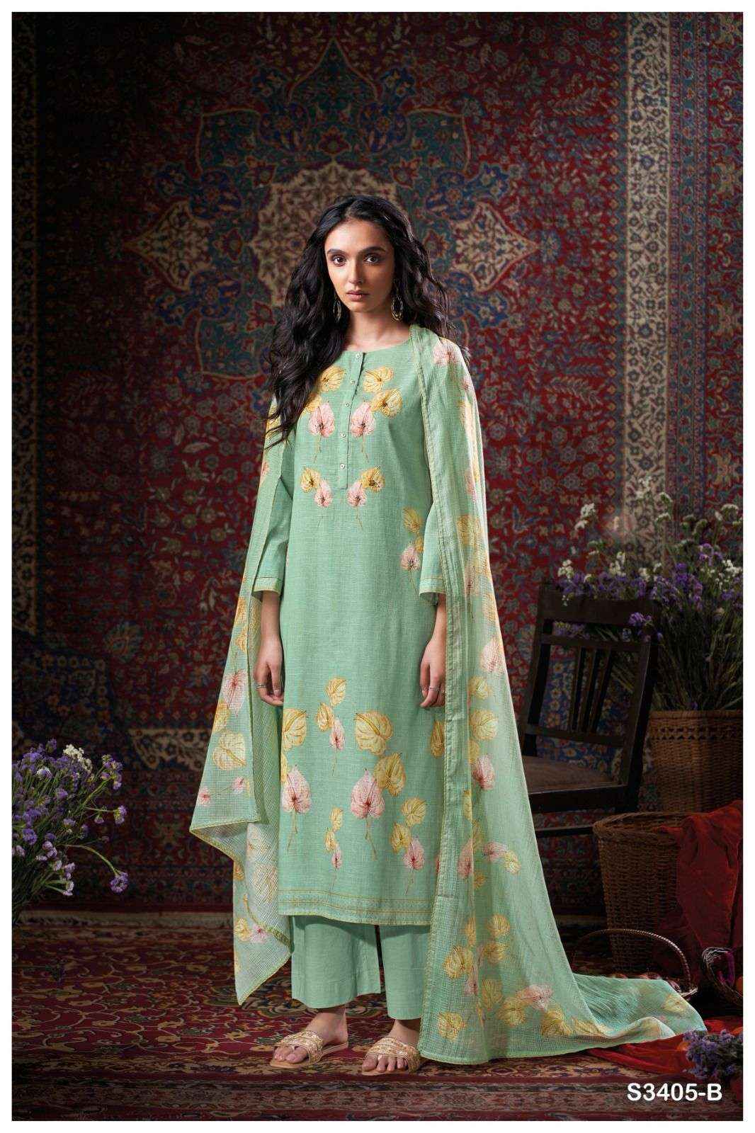Ganga Fashion Cora 3405 Fancy Work Cotton Dress Wholesale Rate ( 4 Pcs Catalog )