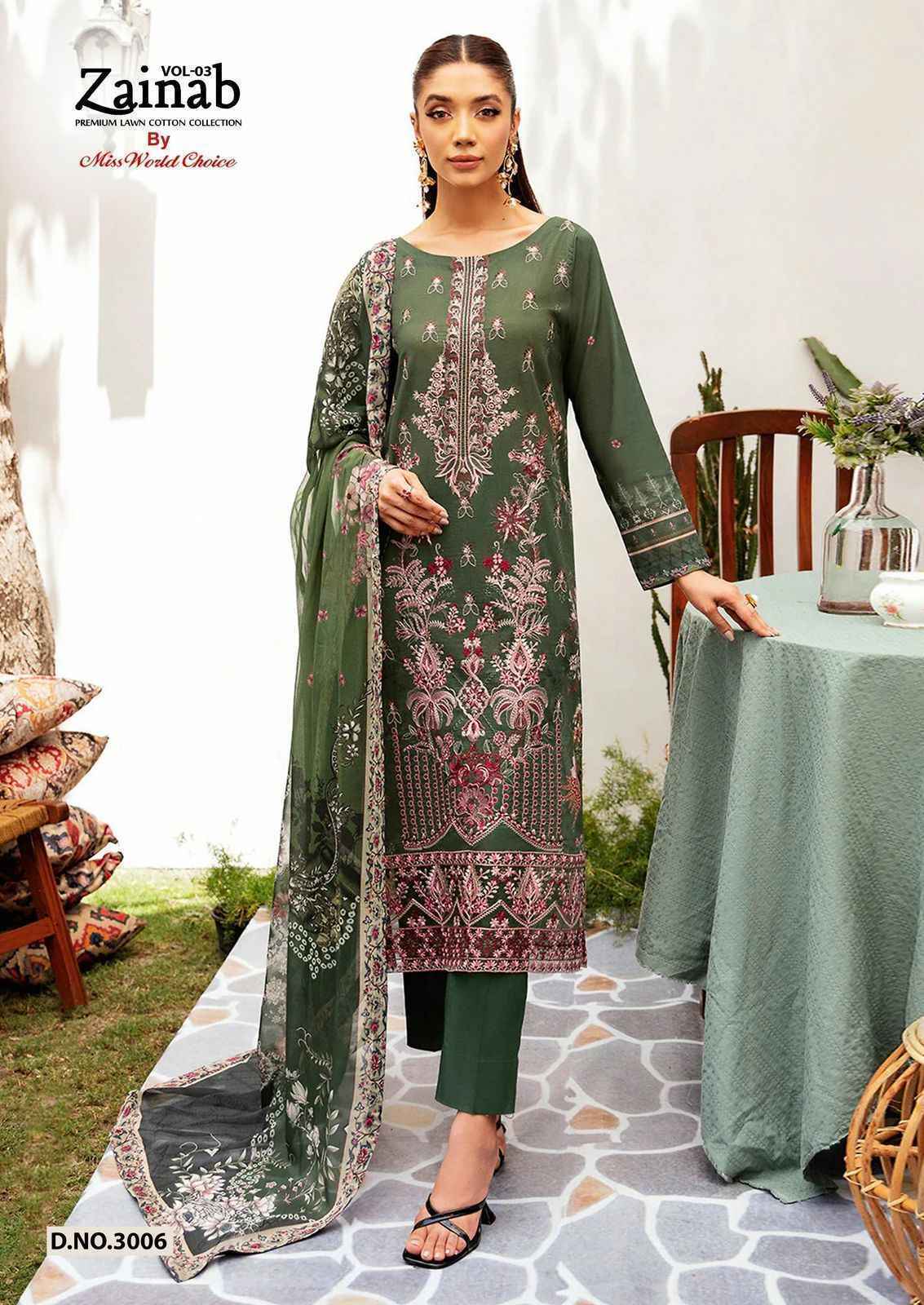 Miss World Choice Zainab Vol-3 Lawn Cotton Dress Material (6 pcs Catalogue)